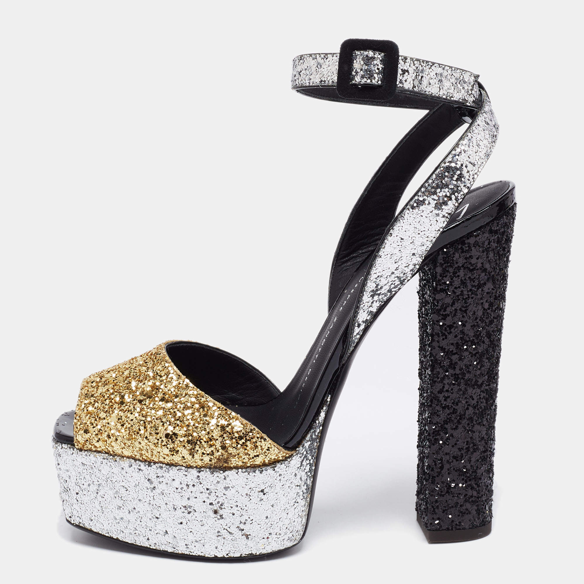 مملوكة مسبقًا Giuseppe Zanotti Tri-Color Glitter Betty Peep Toe Block Heel Platform Sandals Size 39