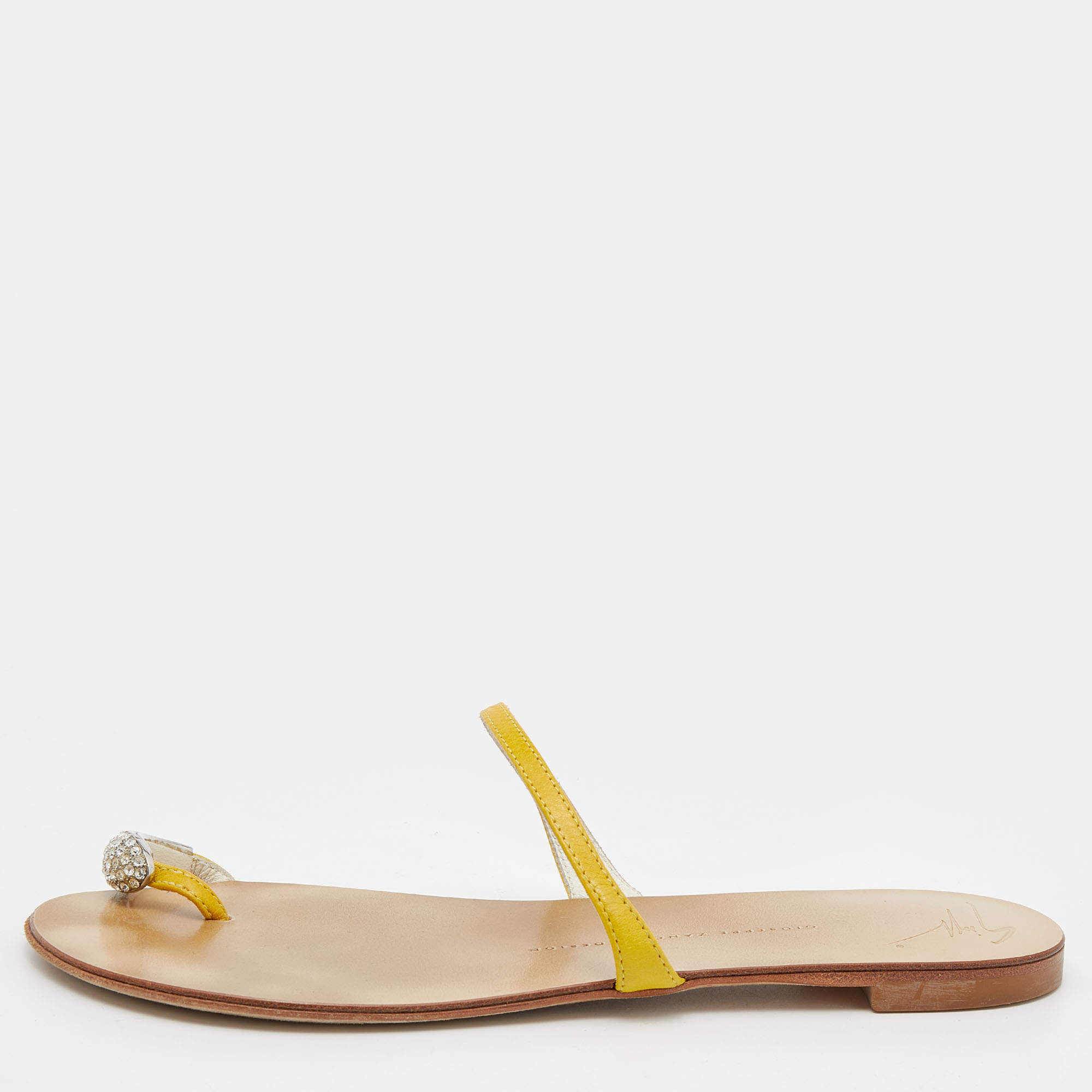 Pre Owned Giuseppe Zanotti Yellow Leather Embellished Toe Ring Flats Size 38.5