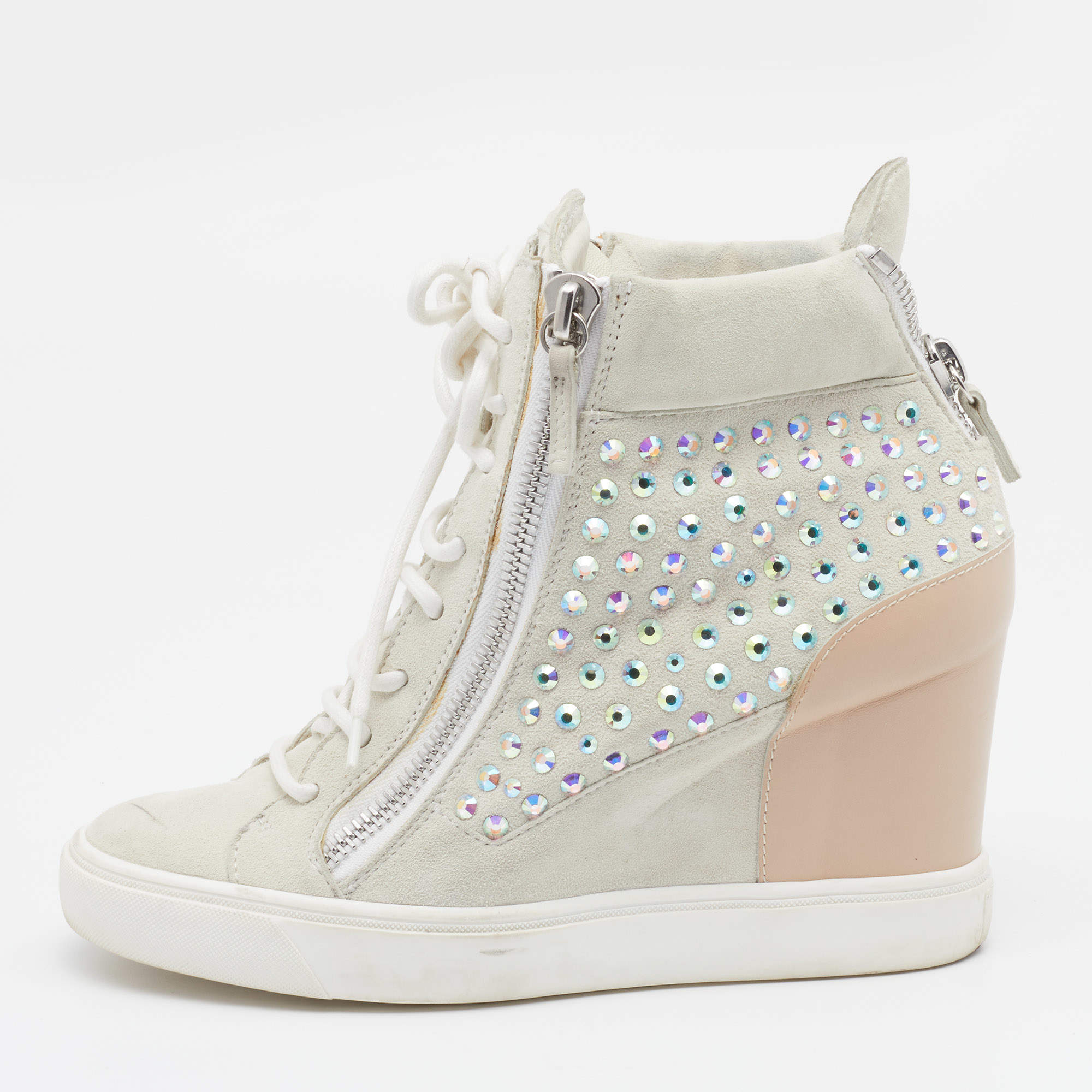 Pre Owned Giuseppe Zanotti Light Grey/Beige Suede And Leather Embellished Wedge Sneakers Size 39.5