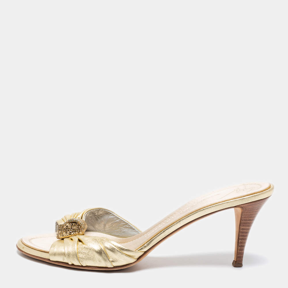 مملوكة مسبقًا Giuseppe Zanotti Metallic Gold Leather Crystal Embellished Slide Sandals Size 40