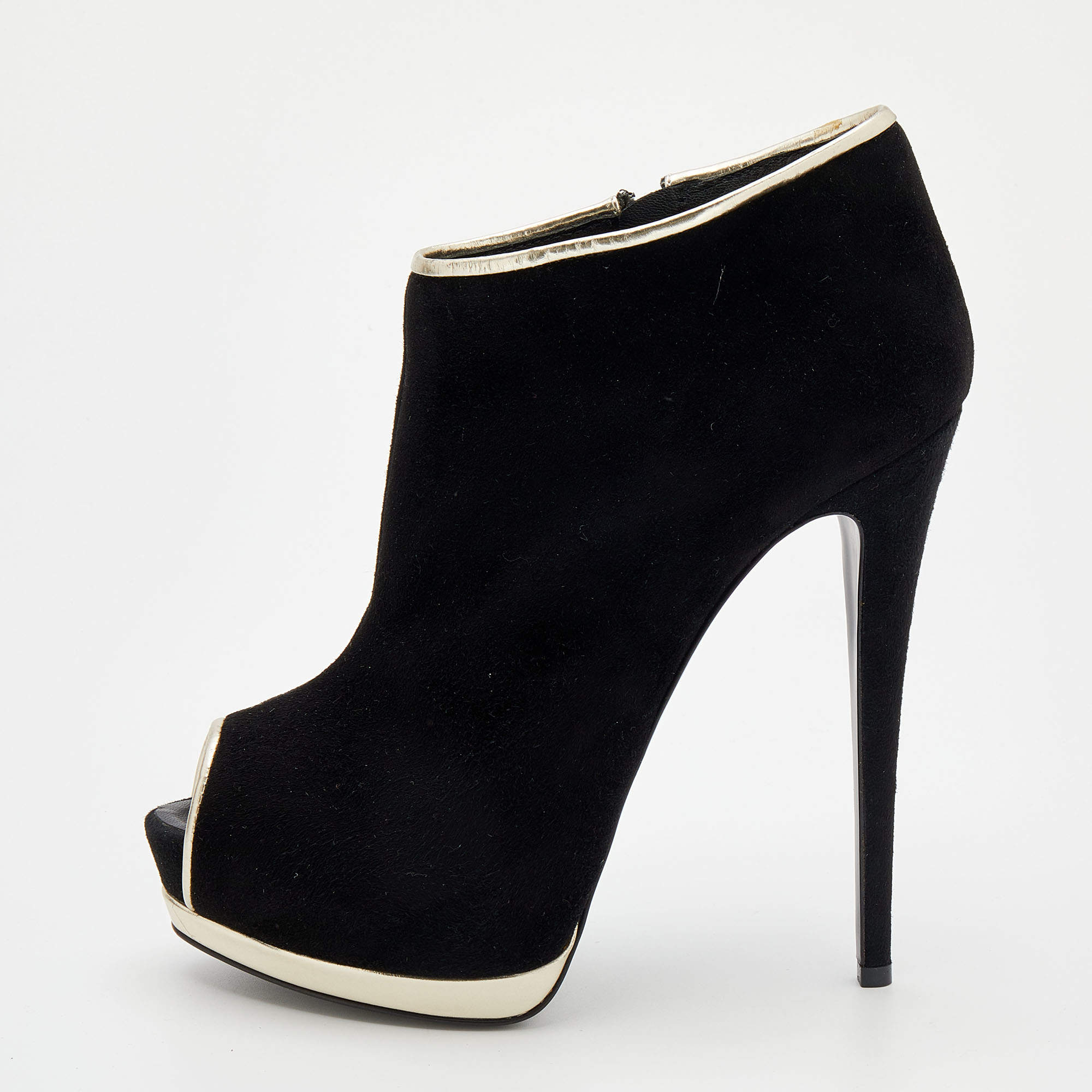 مملوكة مسبقًا Giuseppe Zanott Black Suede And Leather Peep Toe Platform Ankle Booties Size 40