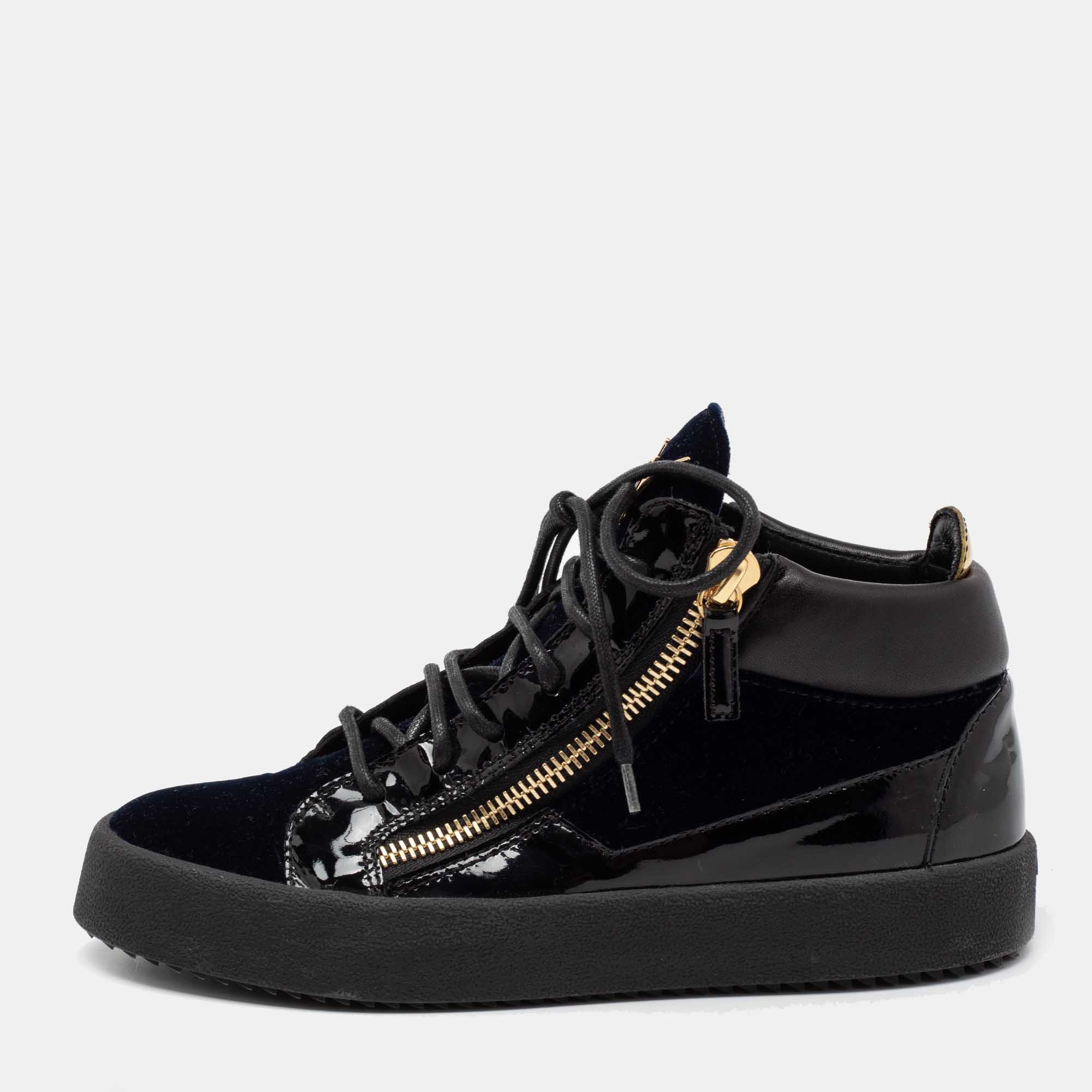 Pre Owned Giuseppe Zanotti Black/Navy Blue Velvet and Leather Coby High Top Sneakers Size 40