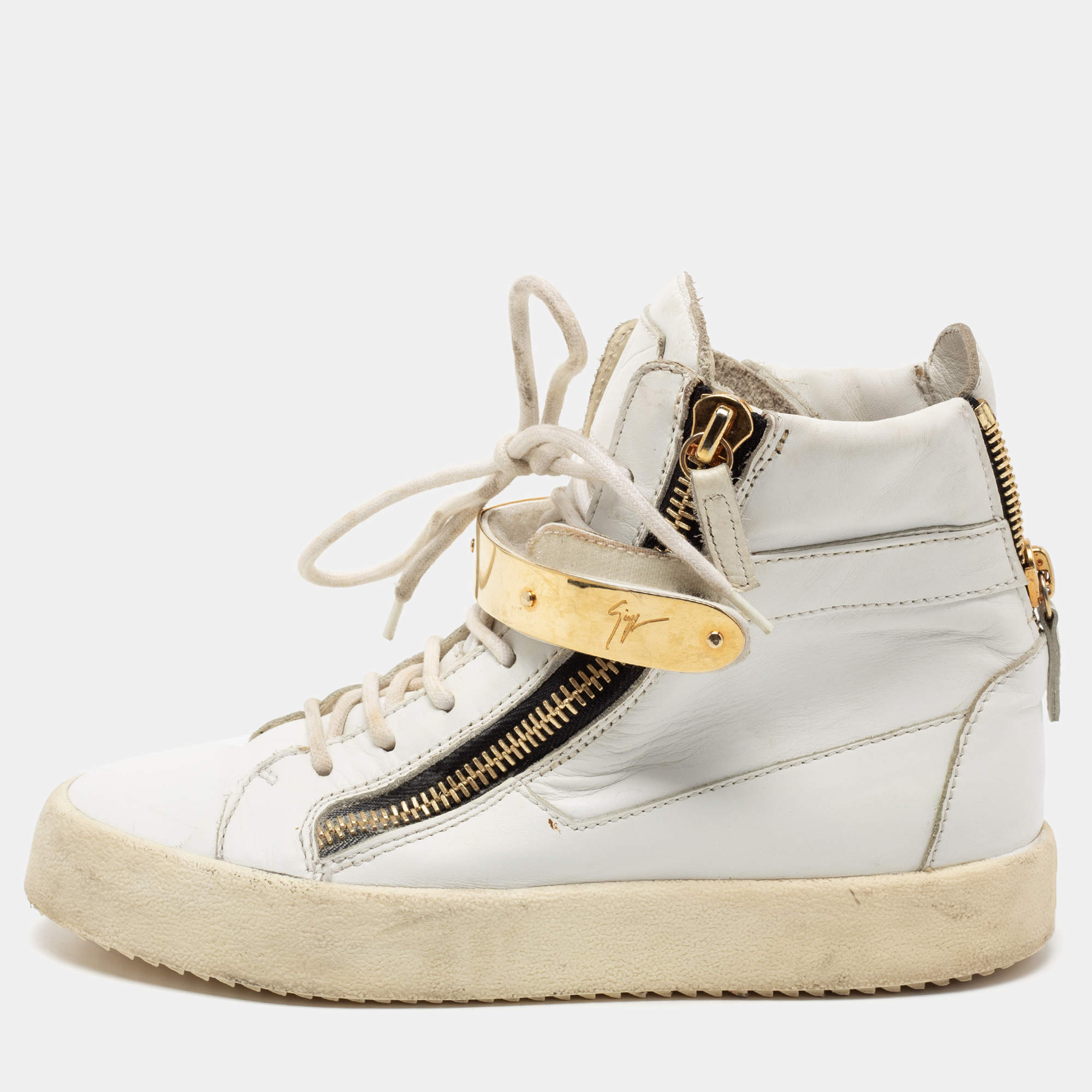 Giuseppe Zanotti White Leather Double Zipper High Top Sneakers Size 38