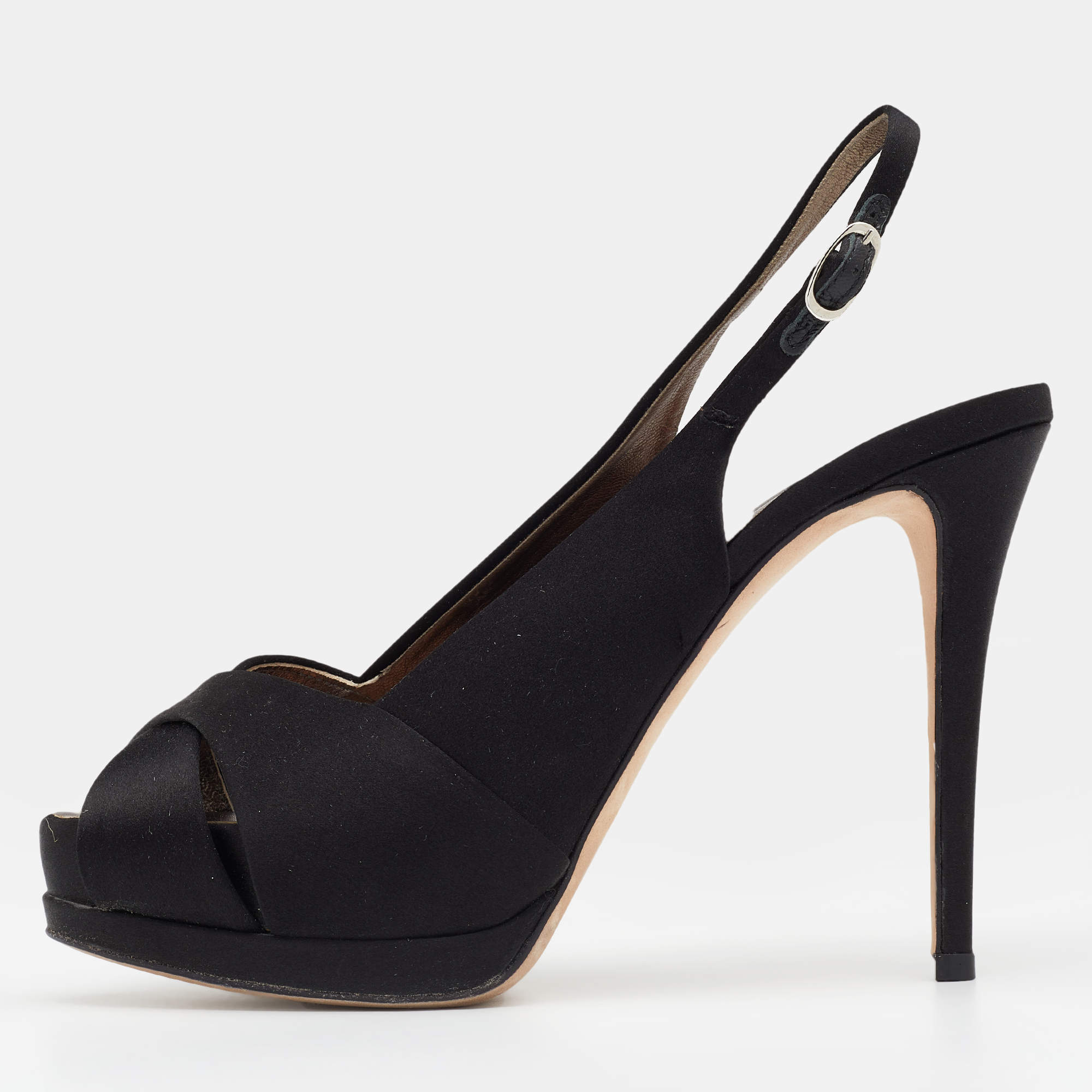Pre Owned Giuseppe Zanotti Black Satin Peep Toe Slingback Platform Sandals Size 38
