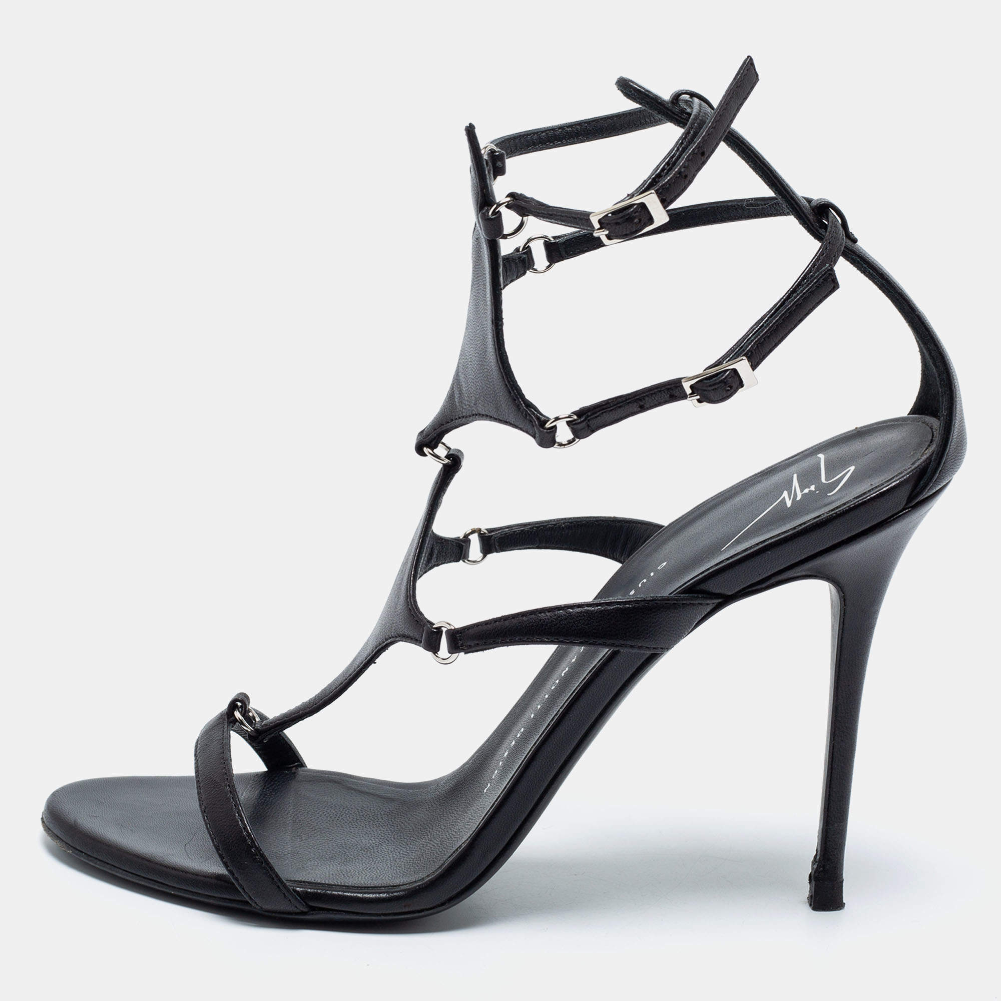 Pre Owned Giuseppe Zanotti Black Leather T-Strap Sandals Size 40