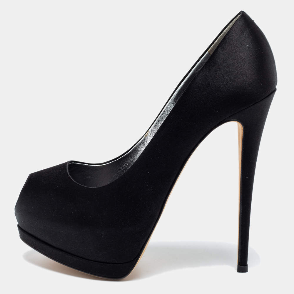 Pre Owned Giuseppe Zanotti Black Satin Peep Toe Platform Pumps Size 39.5