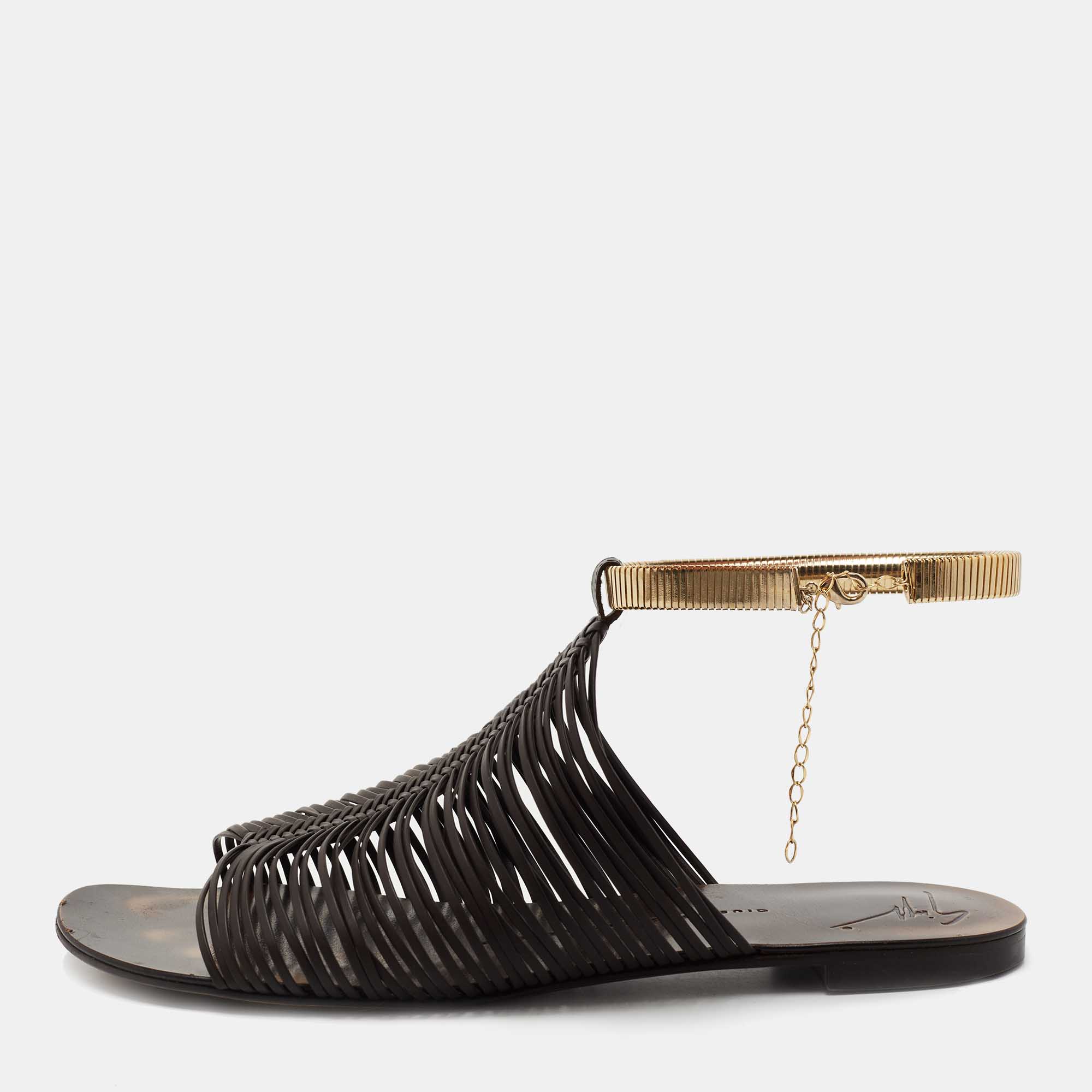 Pre Owned حذاء فلات جوسيبي زانوتي جلد بني داكن نمط ملتف حول الكاحل مقاس 37