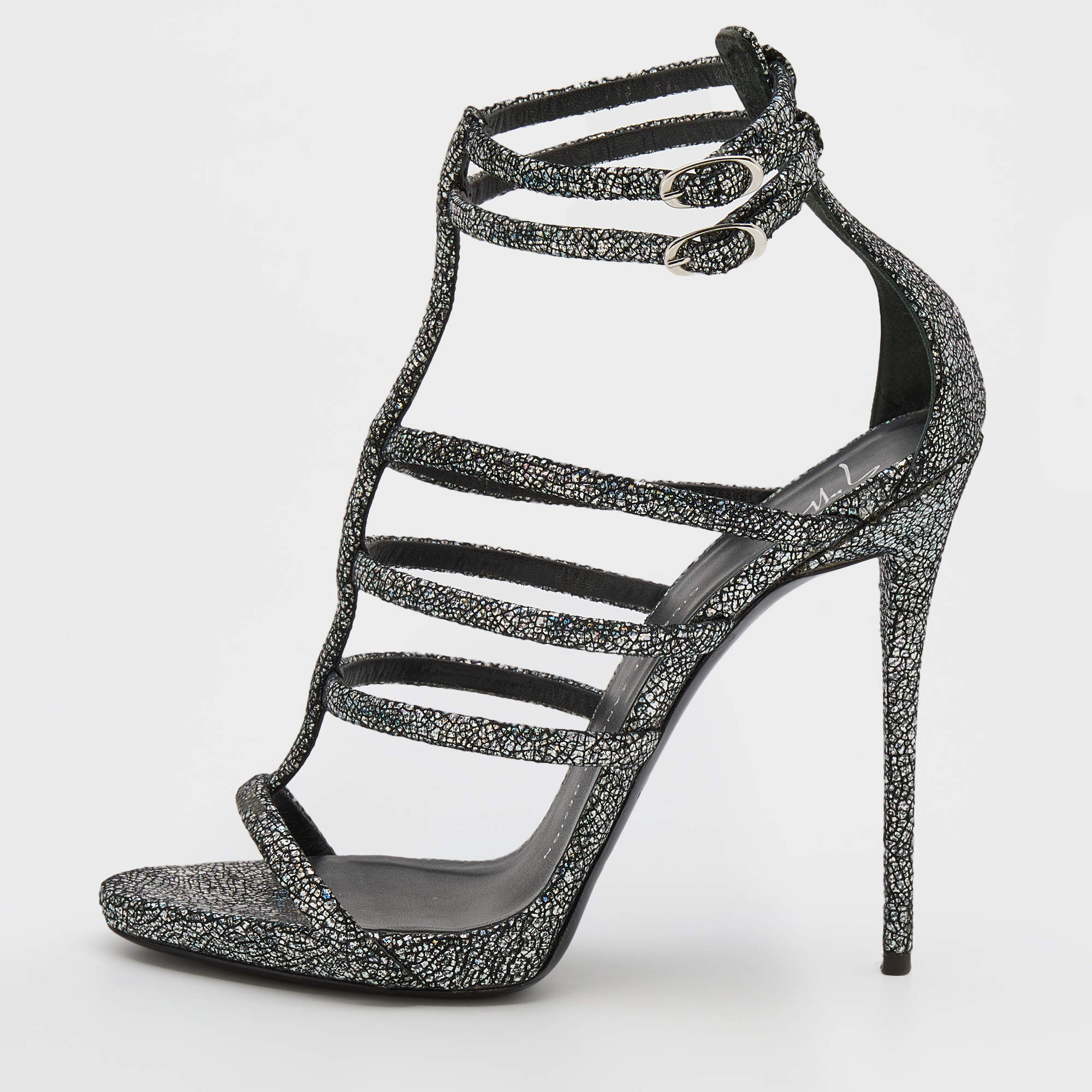 Pre Owned Giuseppe Zanotti Multicolor Holographic Effect Leather Strappy Ankle Strap Sandals Size 38