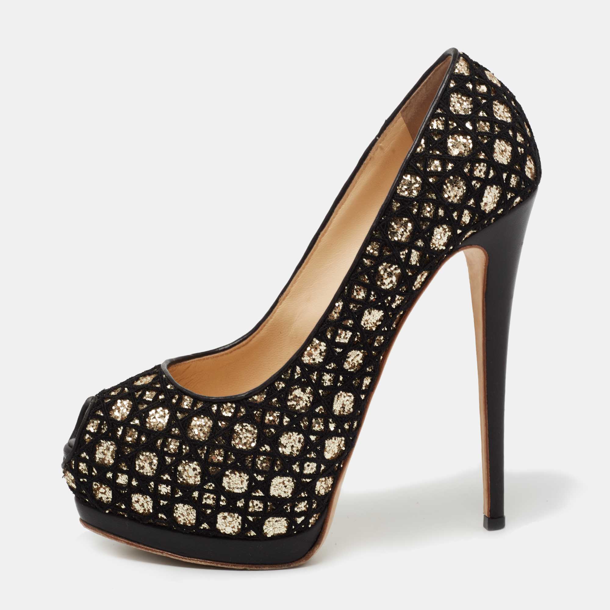 Pre Owned Giuseppe Zanotti Black Glitter And Lace Liza Peep Toe Platform Pumps Size 39.5
