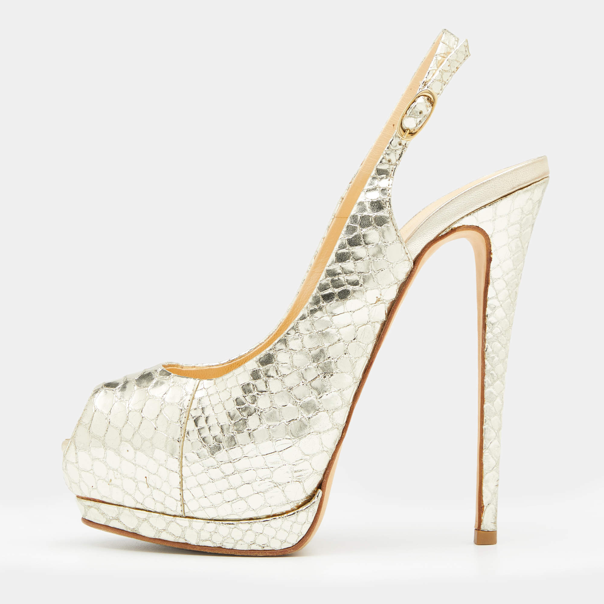 مملوكة مسبقًا Giuseppe Zanotti Gold Python Embossed Leather Peep Toe Platform Slingback Pumps Size 38