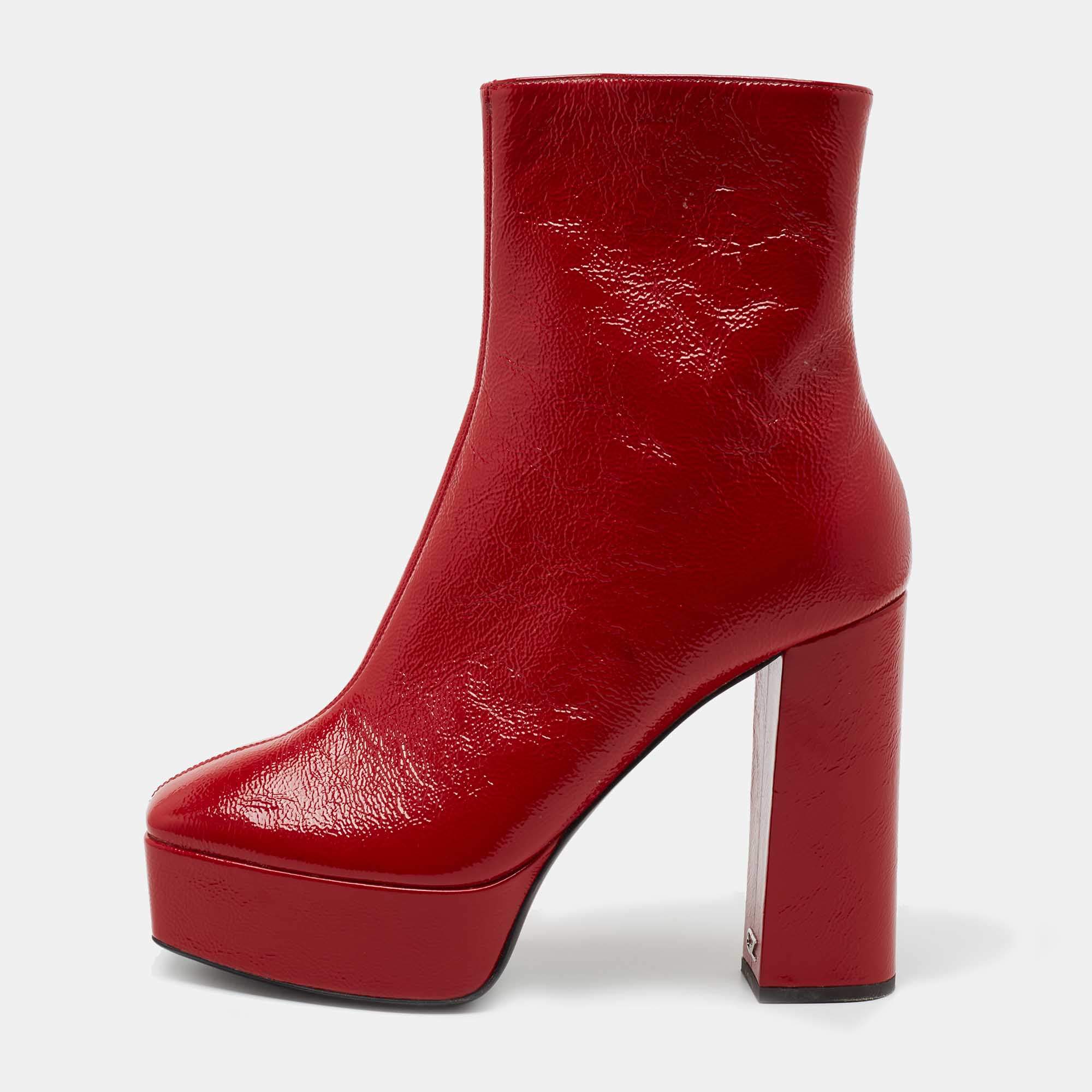 Pre Owned Giuseppe Zanotti Red Leather Morgana Square Toe Ankle Boots Size 39