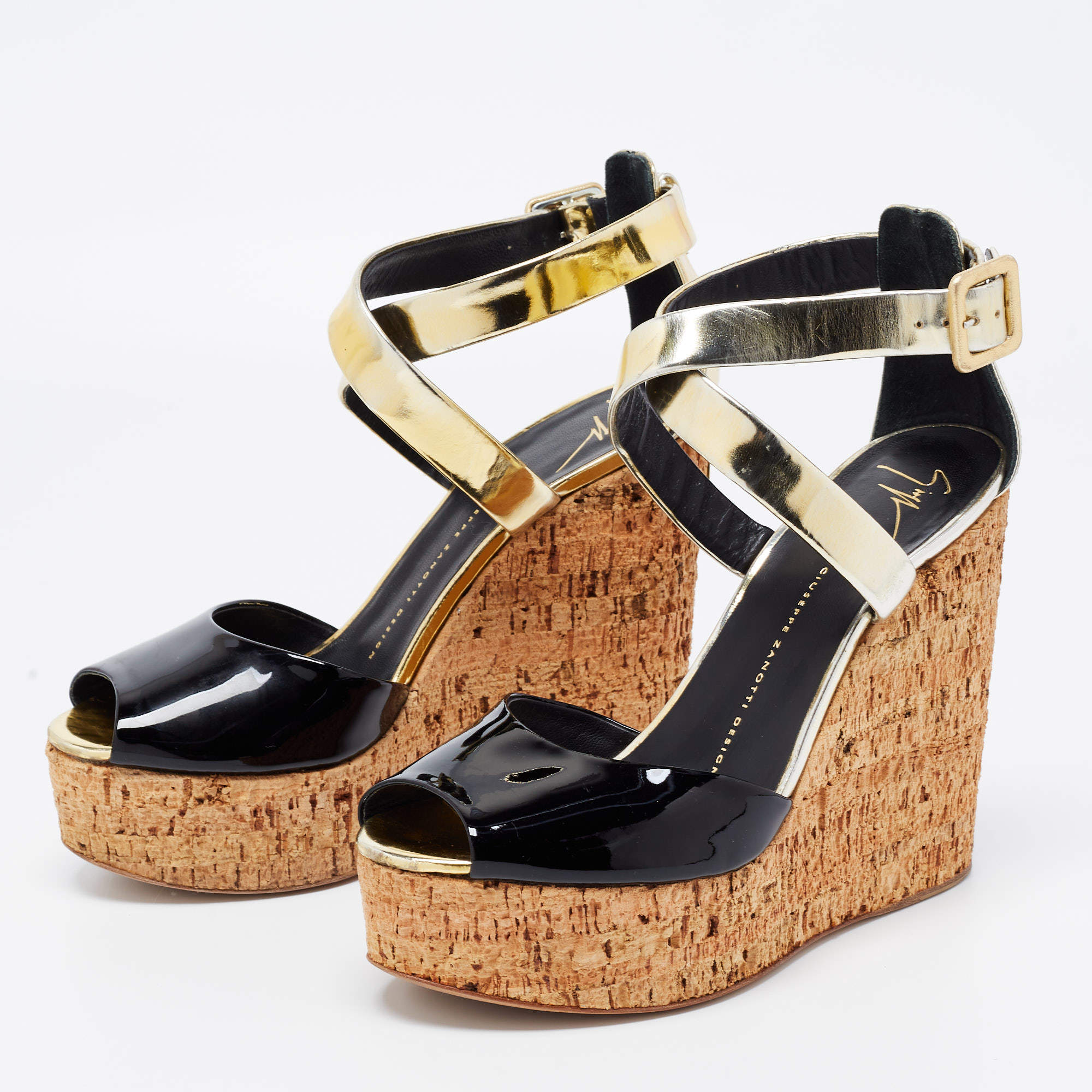 Giuseppe Zanotti Black/Gold Patent Leather Wedge Sandals Size 39