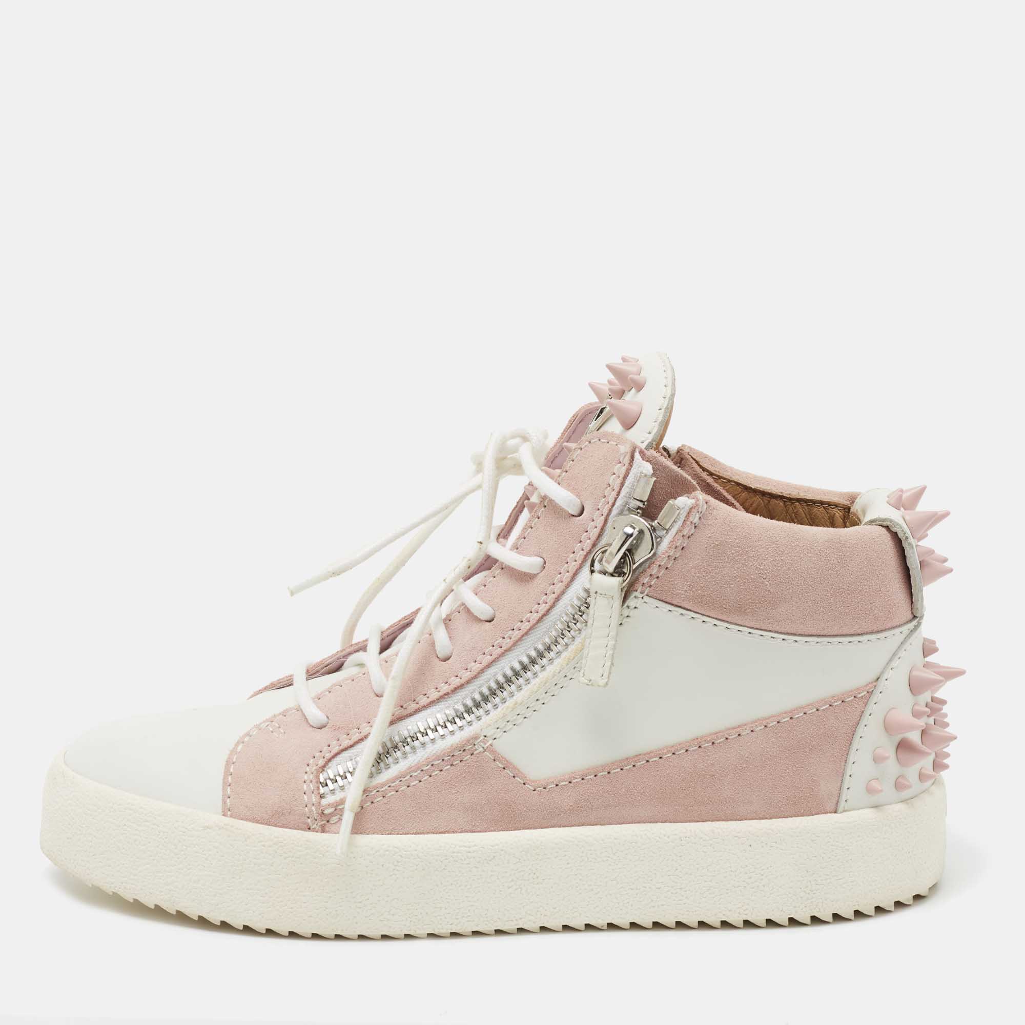 مملوكة مسبقًا Giuseppe Zanotti Pink/White Suede and Leather Double Zipper High Top Sneakers Size 37