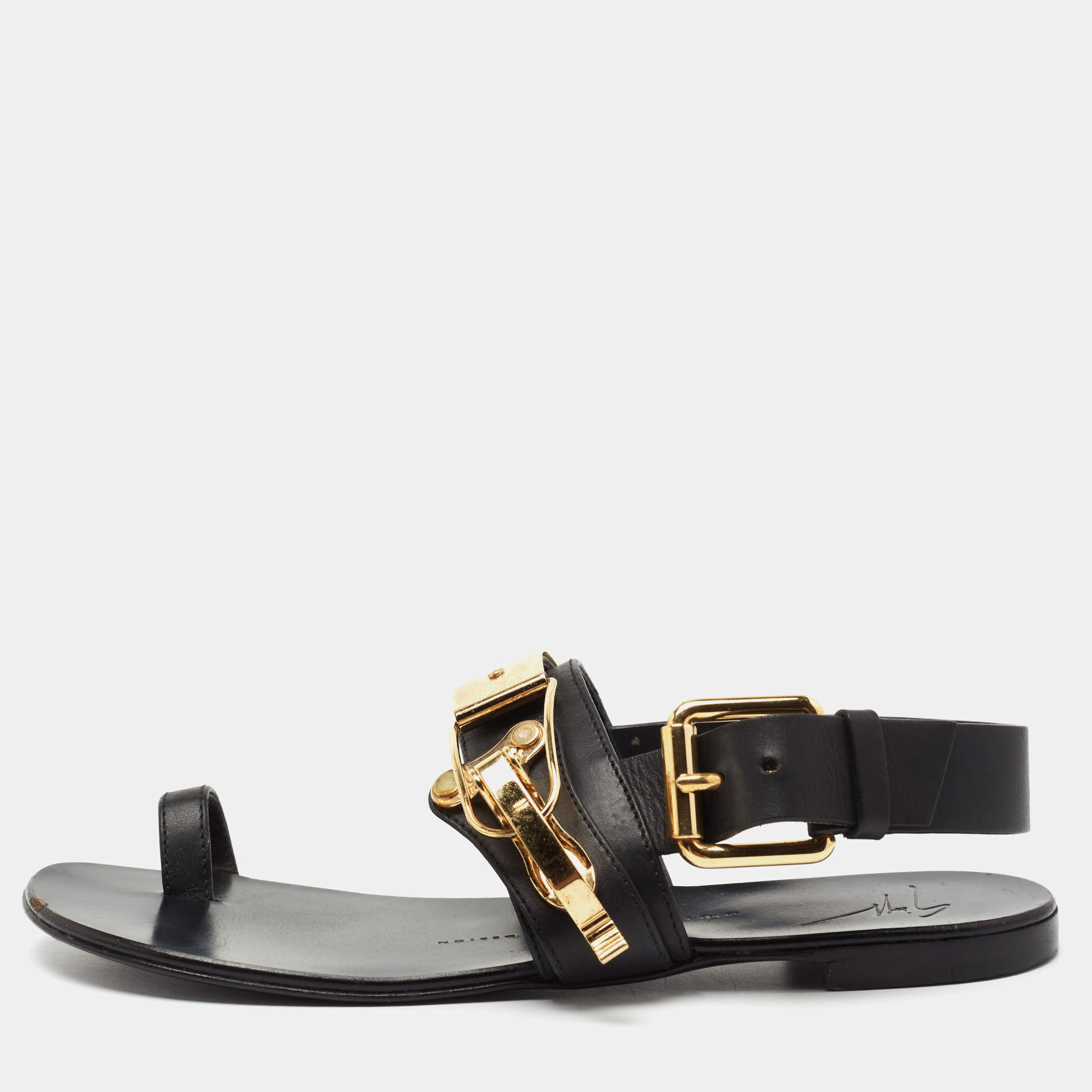 مملوكة مسبقًا Giuseppe Zanotti Black Leather Buckle Slingback Flats Size 38.5