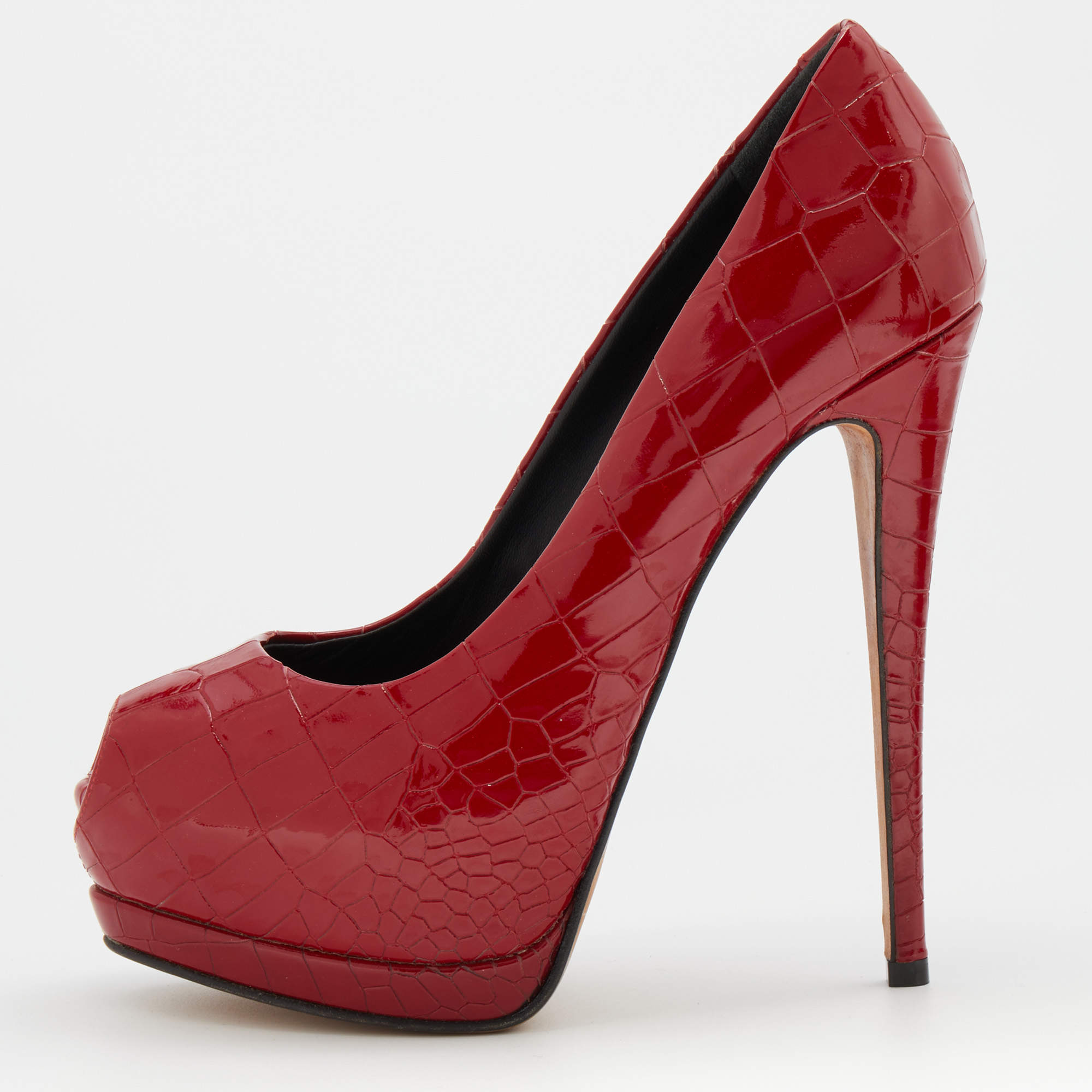 Pre Owned Giuseppe Zanotti Red Croc Embossed Patent Leather Peep Toe Platform Pumps Size 37