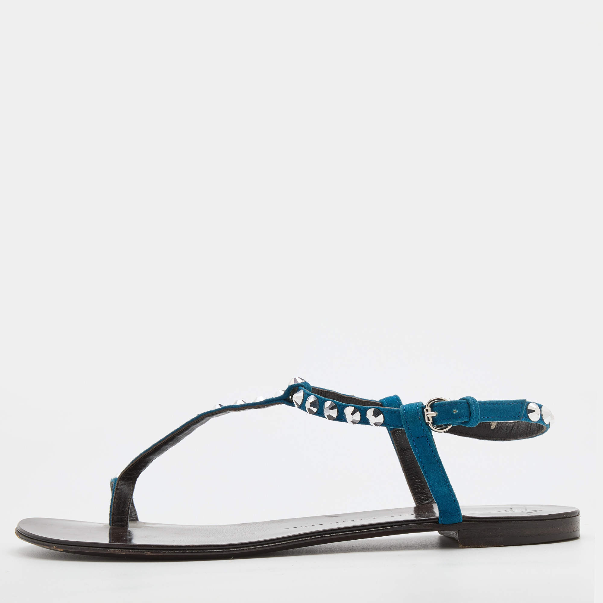 Pre Owned Giuseppe Zanotti Blue Suede Crystal Embellished Thong Flats Size 40.5