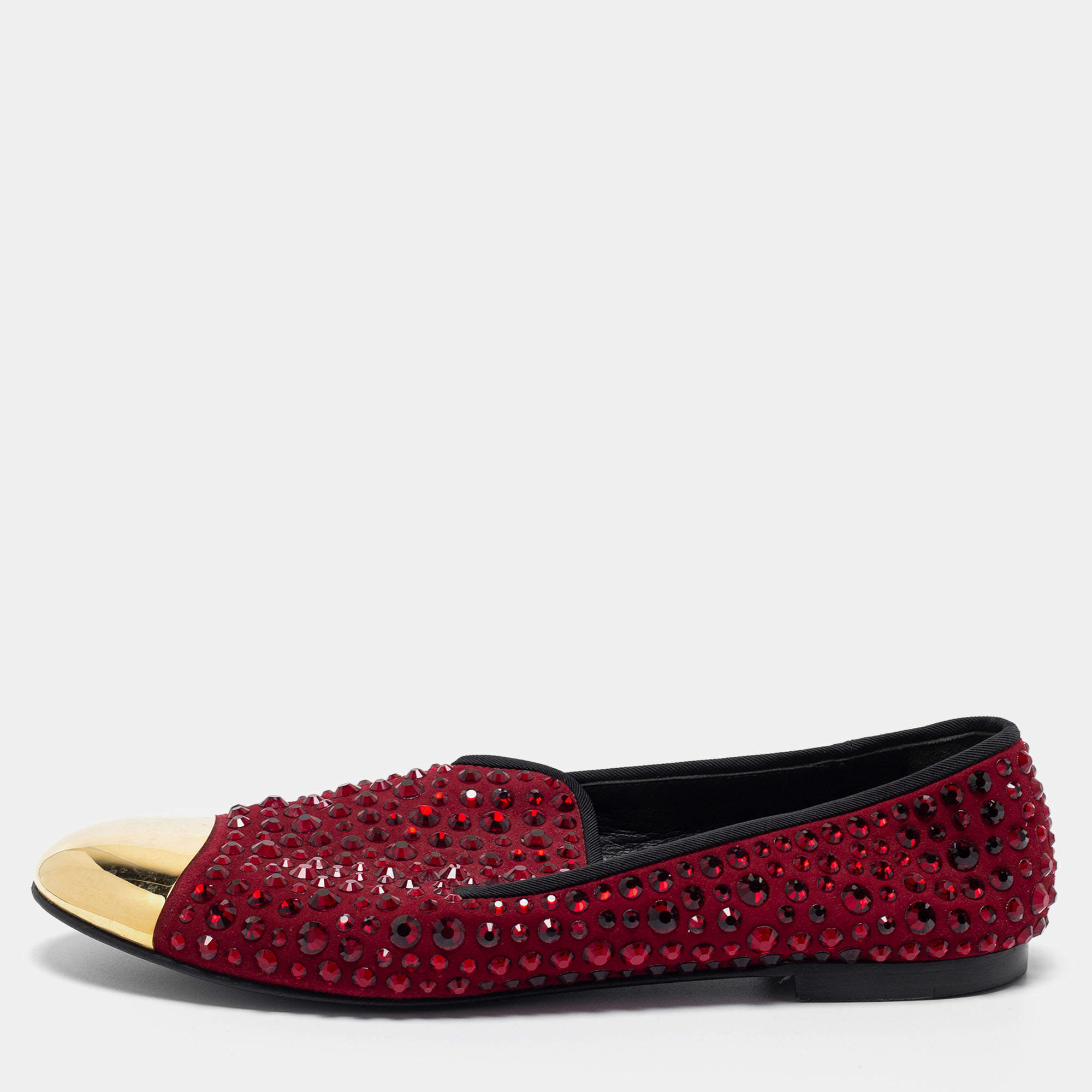 Pre Owned Giuseppe Zanotti Burgundy Satin Crystal Embellished Smoking Slipper Size 40