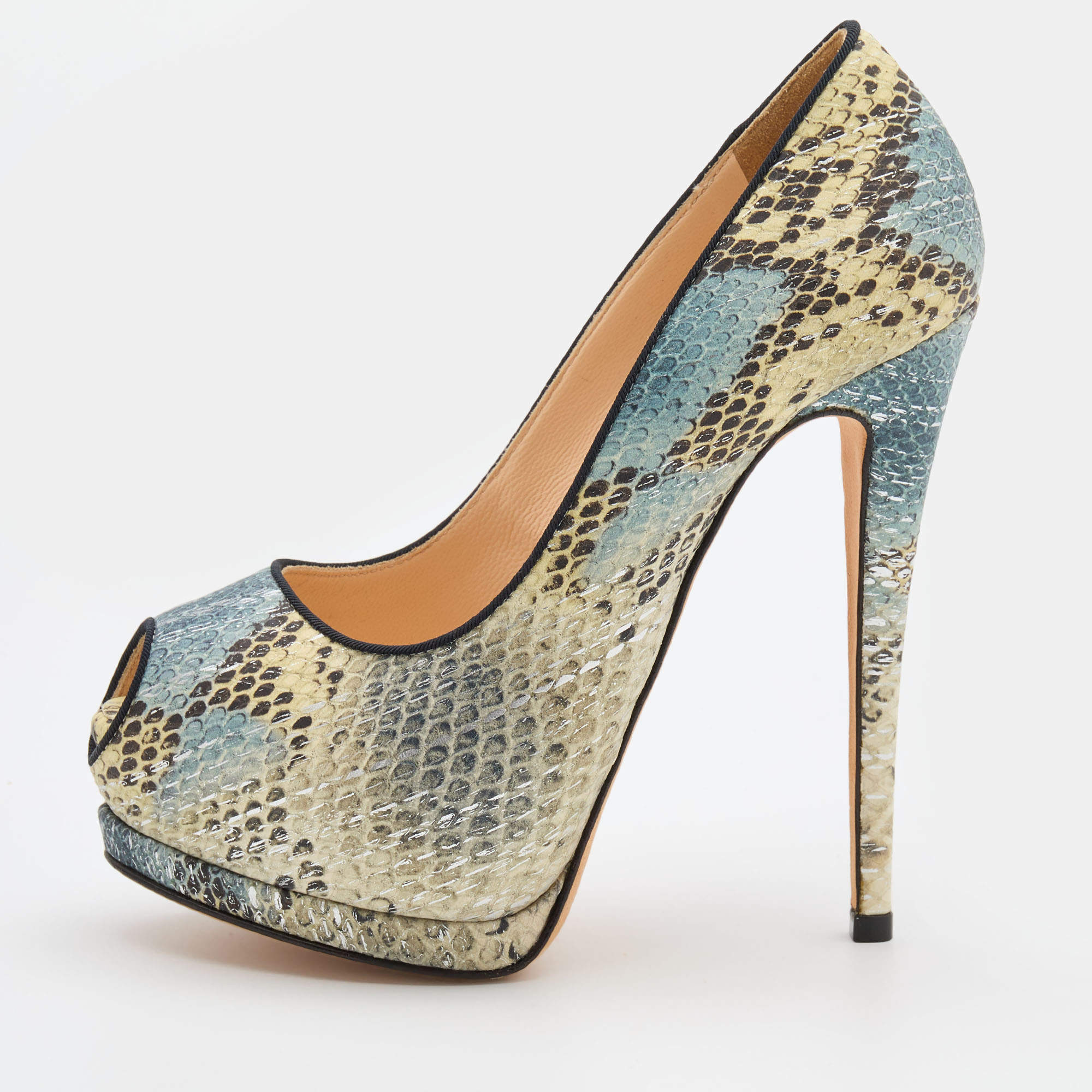Pre Owned Giuseppe Zanotti Multicolor Python Embossed Leather Peep Toe Platform Pumps Size 35