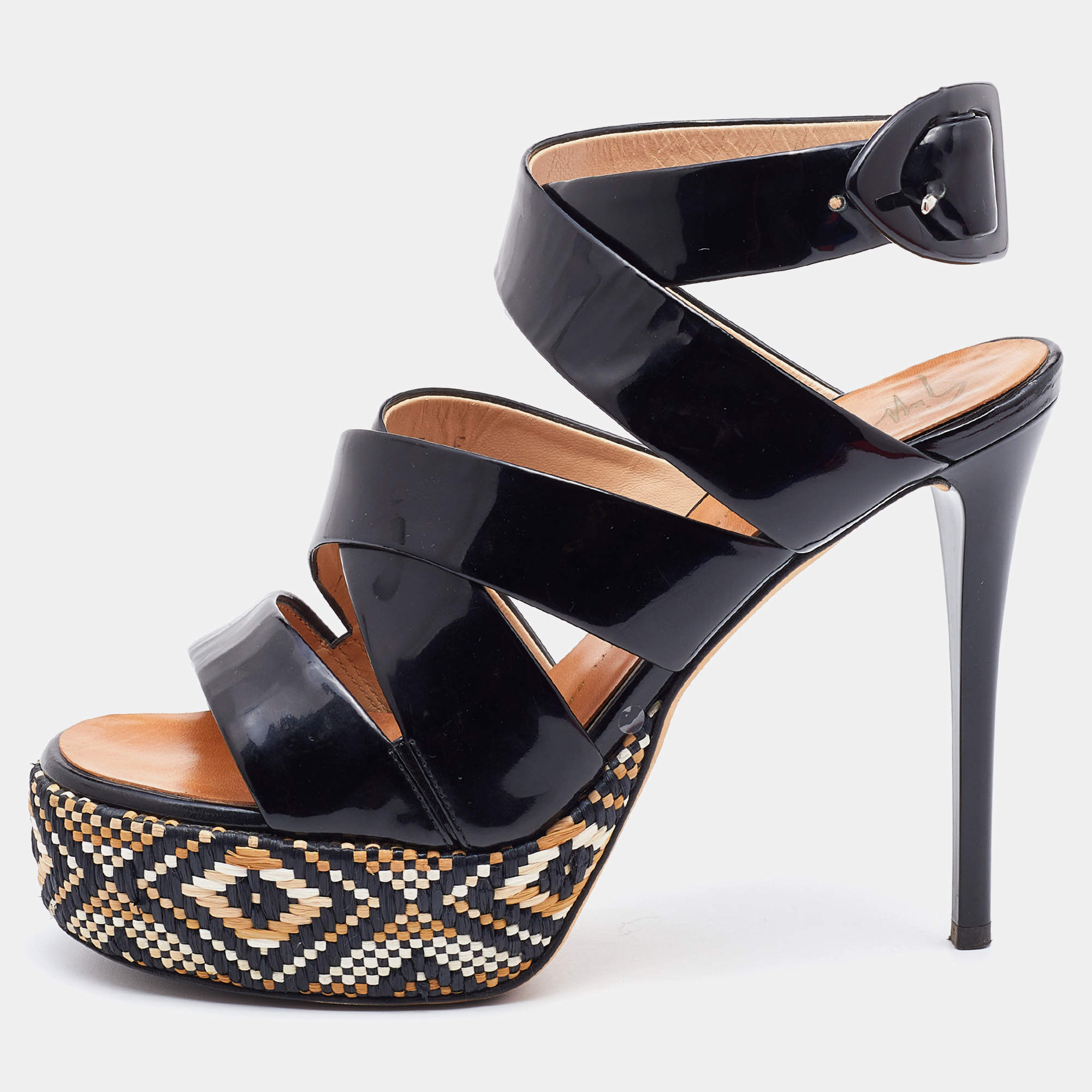 Giuseppe Zanotti Black Patent Leather Woven Platform Ankle Strap