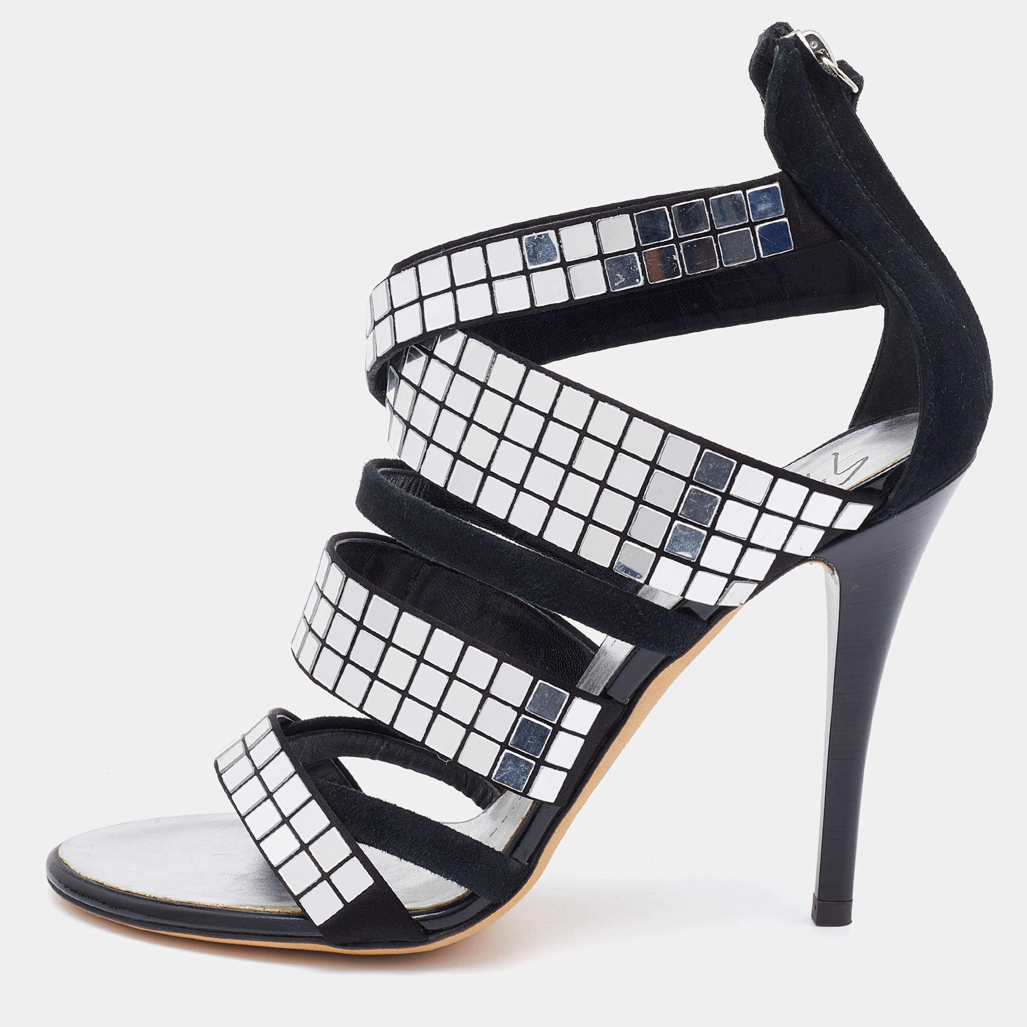 Pre Owned Giuseppe Zanotti Black Suede Mirror Embellished Strappy Sandals Size 37
