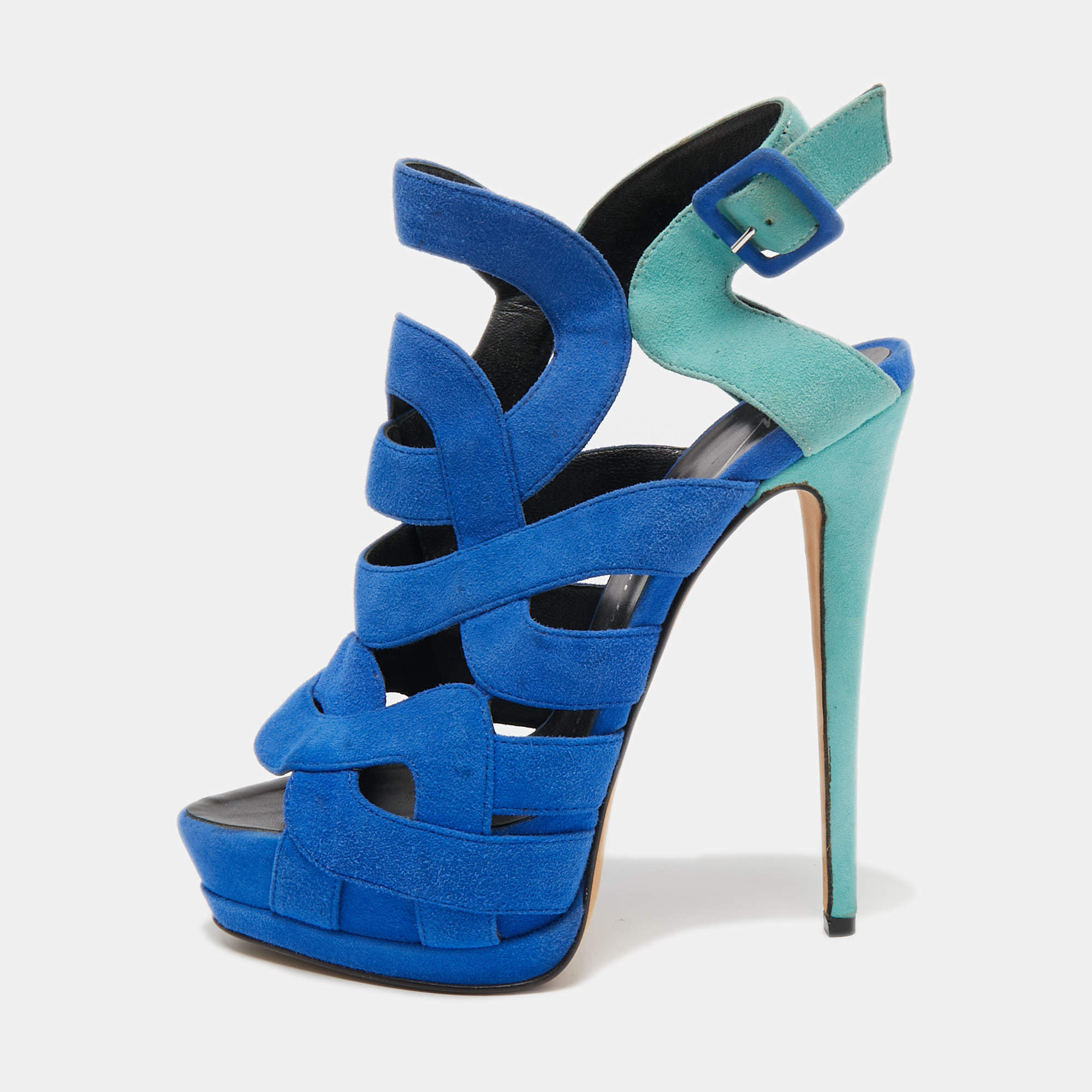 Pre Owned Giuseppe Zanotti Two Tone Suede Cutout Ankle Strap Sandals Size 38