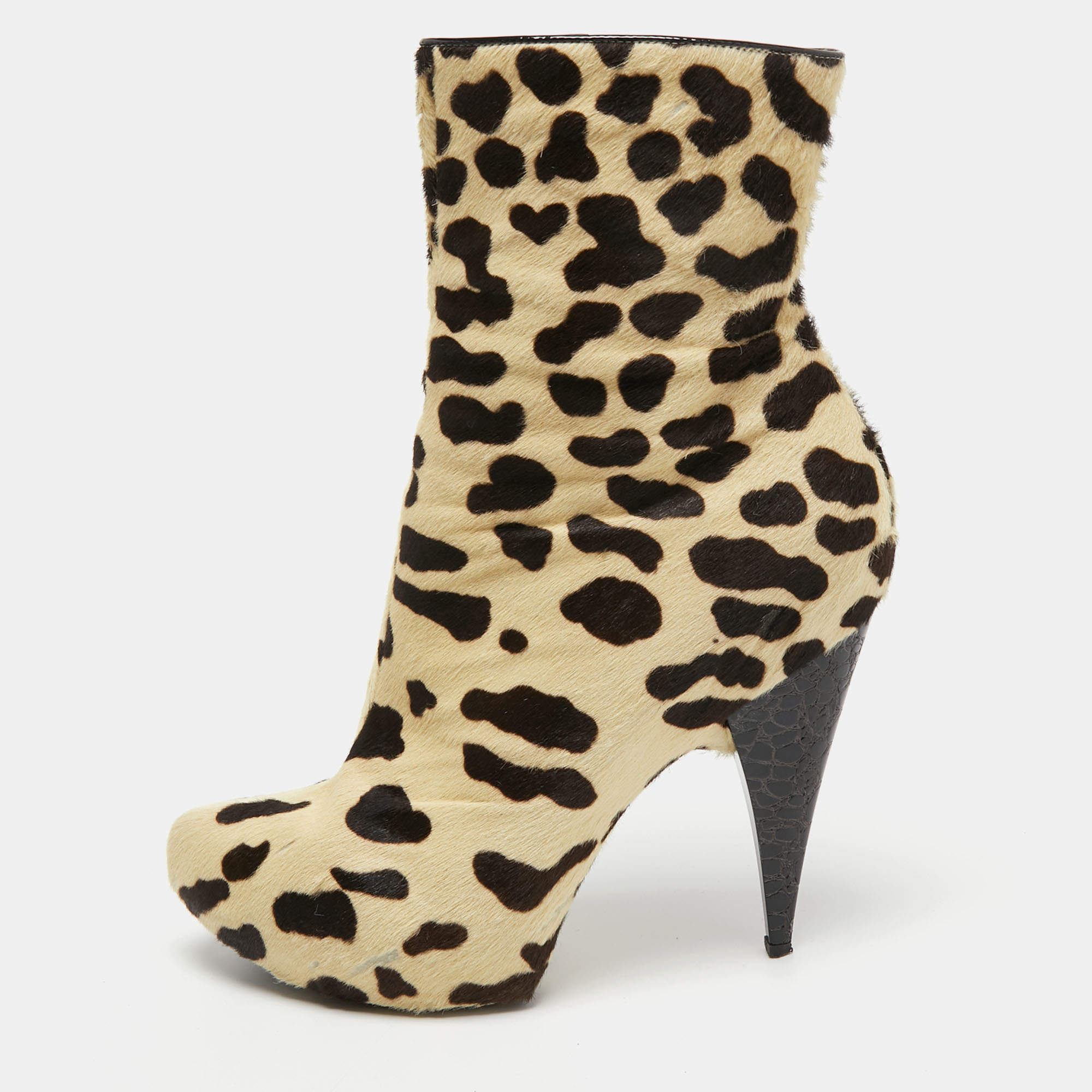 Pre Owned Giuseppe Zanotti Beige/Brown Calf Hair Ankle Boots Size 40 