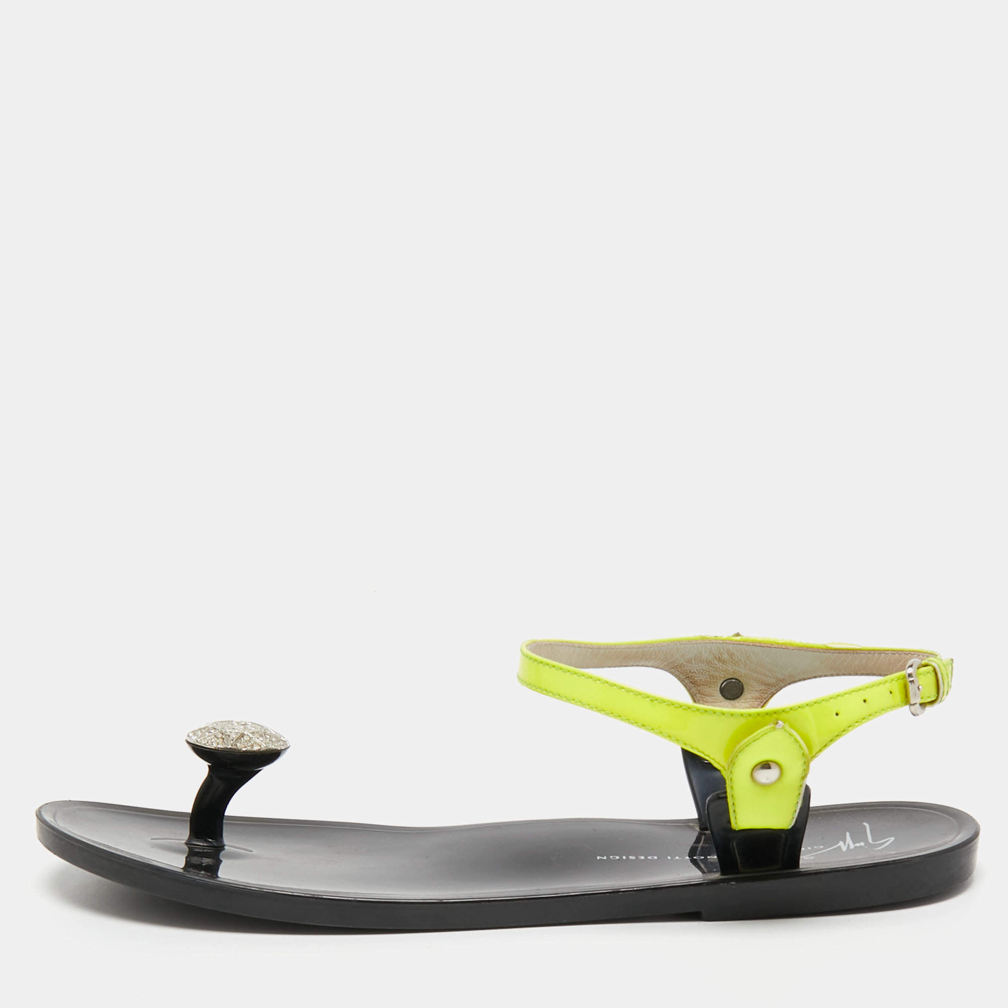 Pre Owned Giuseppe Zanotti Neon Yellow Patent Leather Crystal Embellished Toe Ring Ankle Strap Sandals Size 38