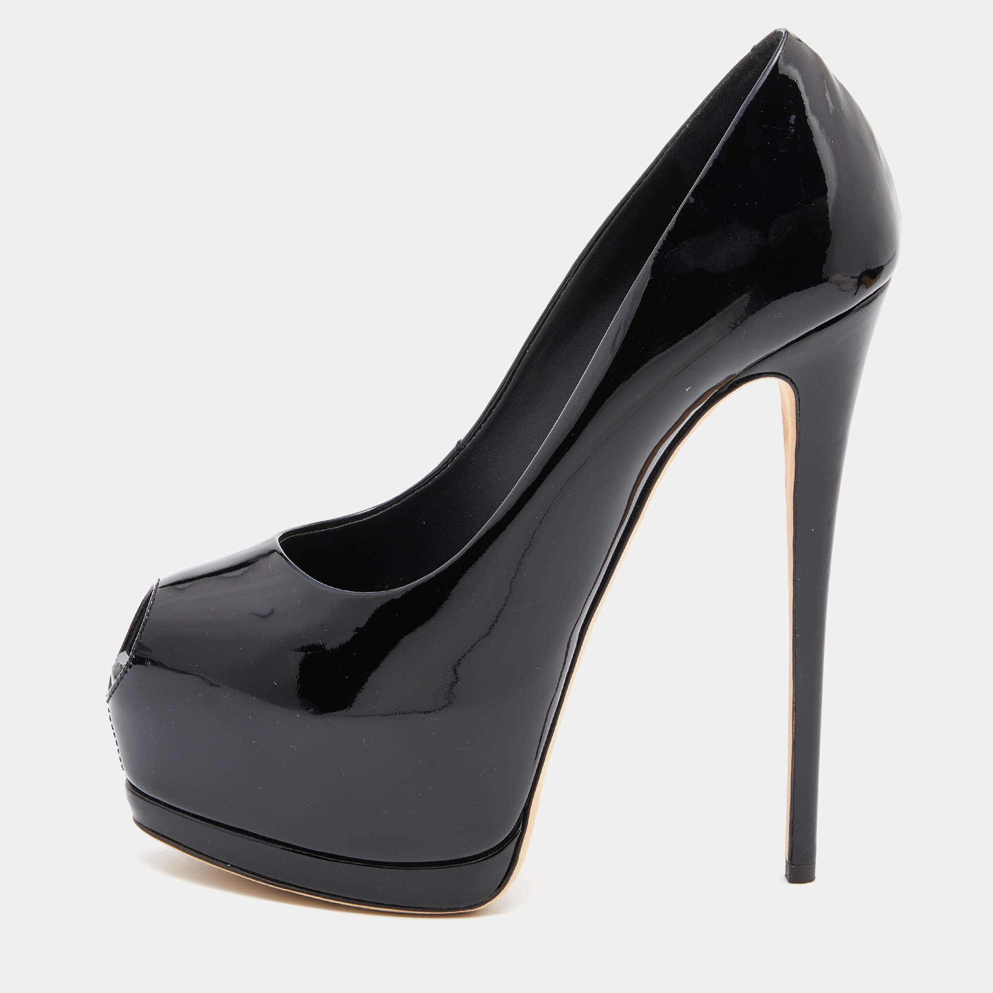 Pre Owned Giuseppe Zanotti Black Patent Leather Platform Peep Toe Pumps Size 38