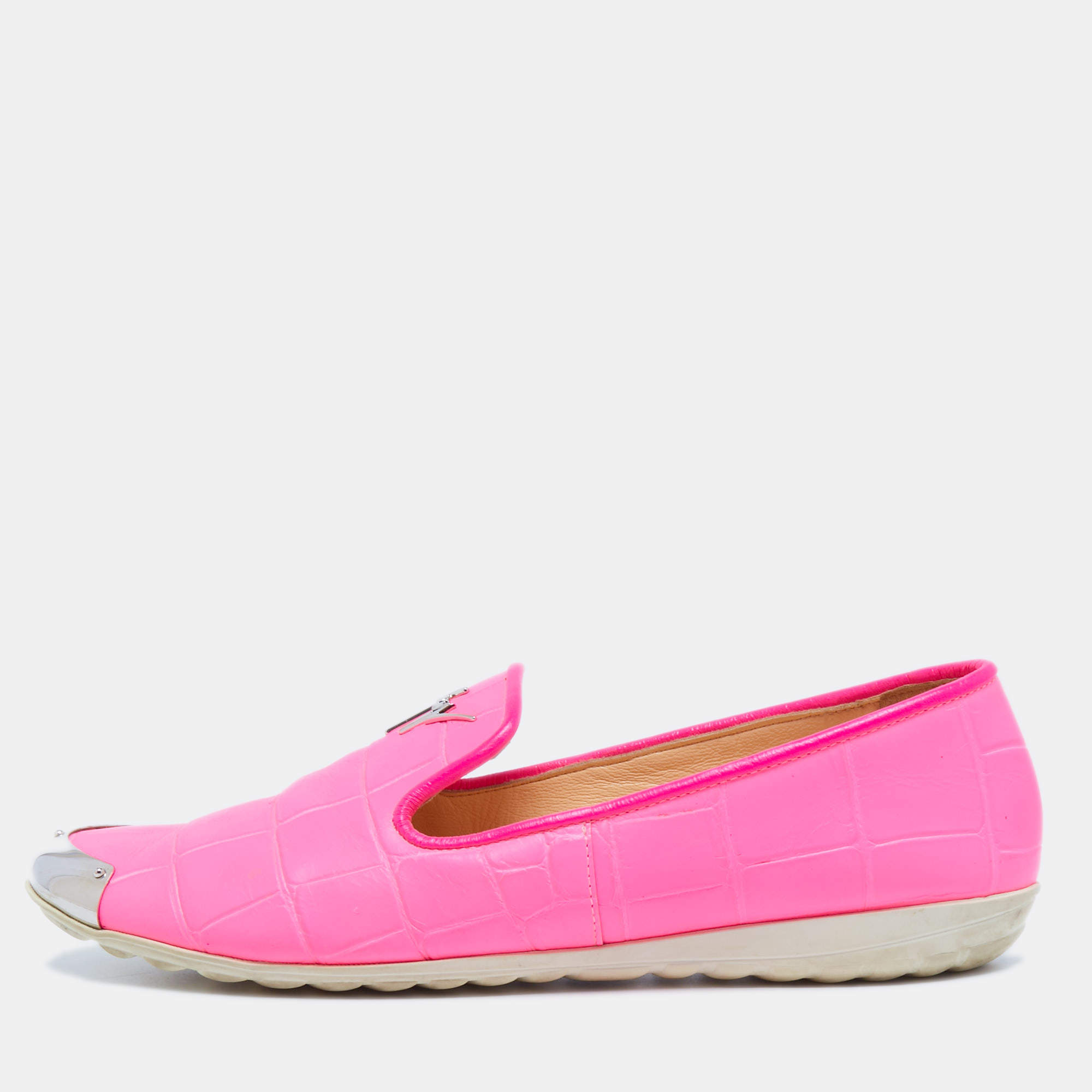 Pre Owned Giuseppe Zanotti Pink Croc Embossed Leather Smoking Slippers Size 41 