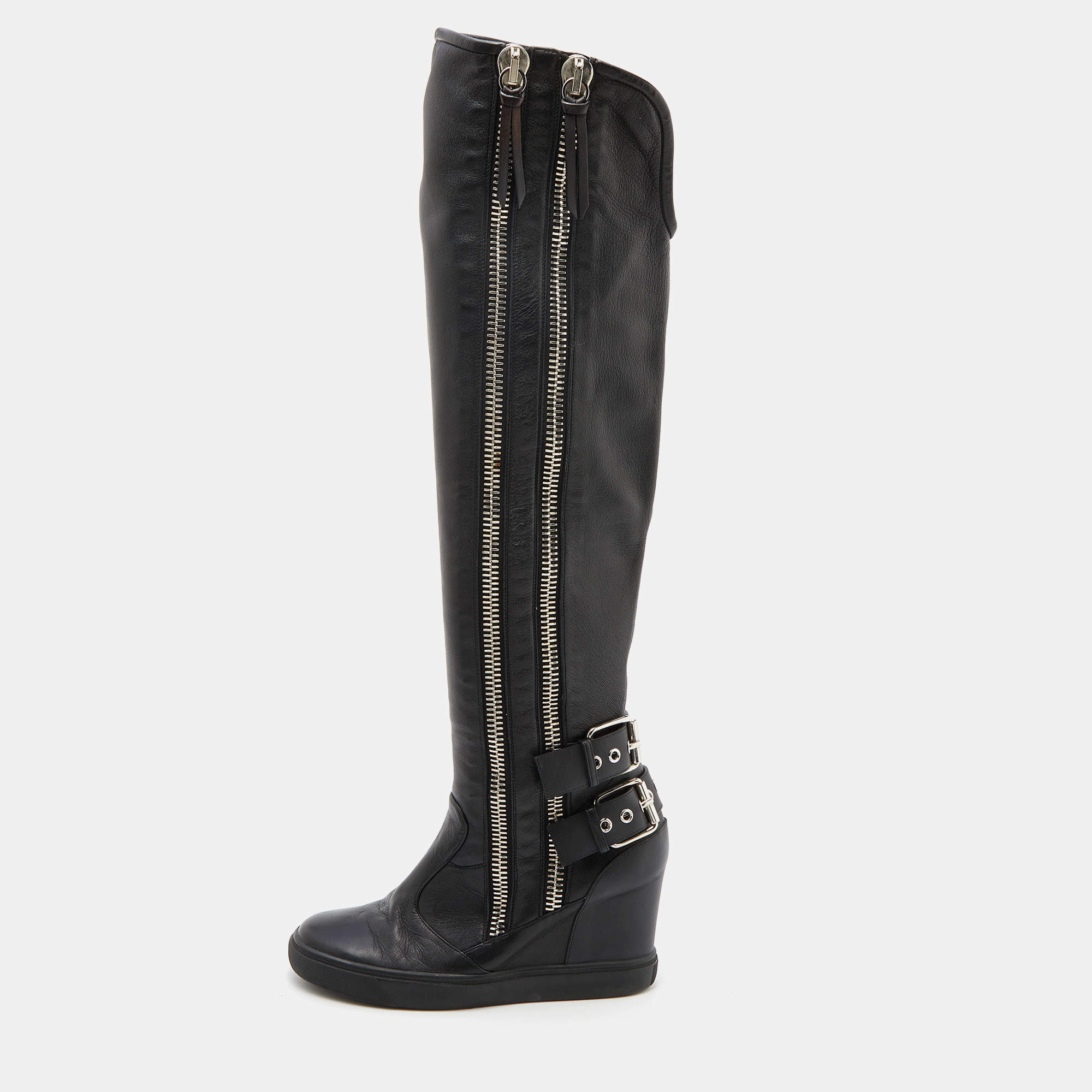 Pre Owned Giuseppe Zanotti Black Leather Zipper Cobain Wedge Knee Length Boots Size 41