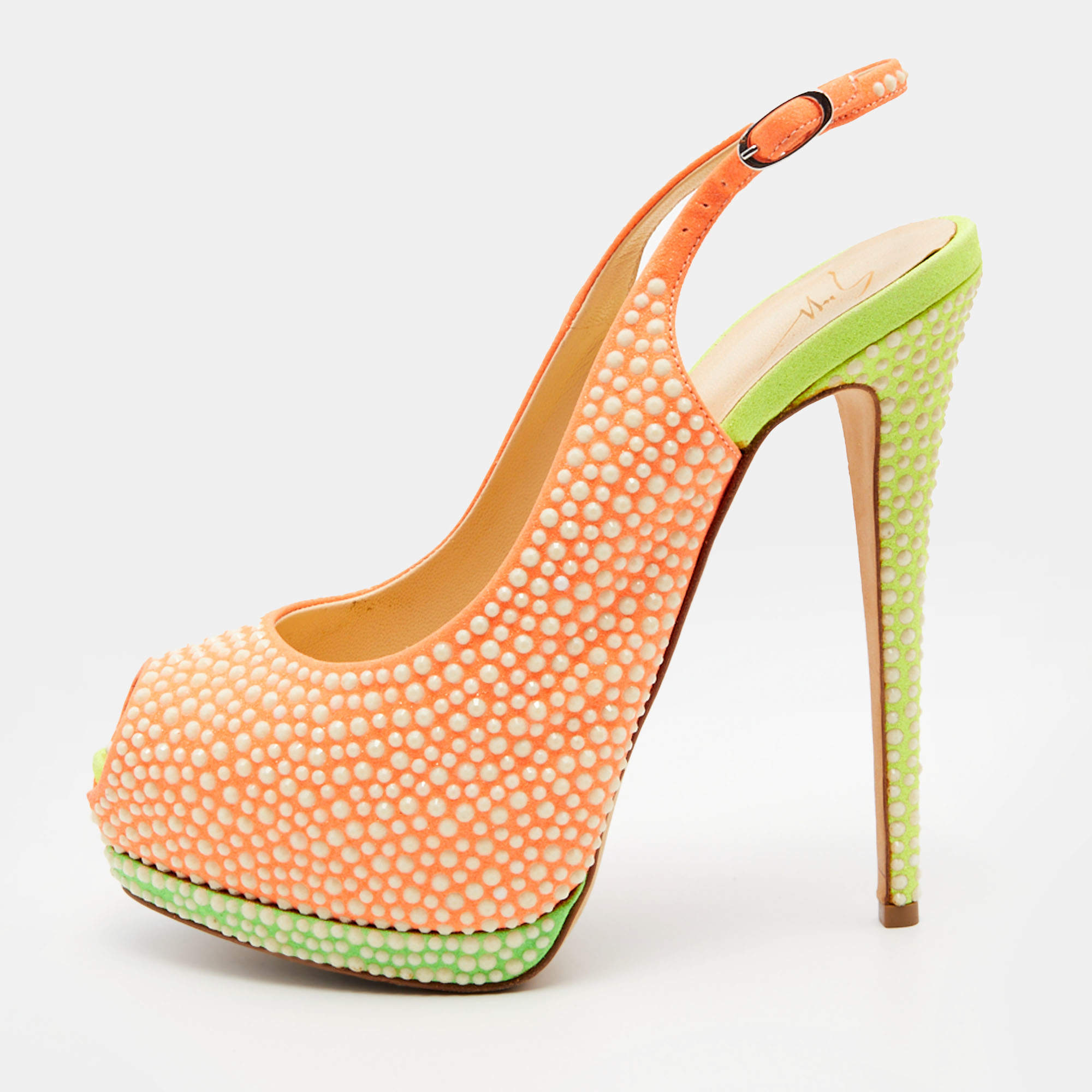 مملوكة مسبقًا Giuseppe Zanotti Orange Suede Crystal Embellished Peep Toe Platform Slingback Pumps Size 39