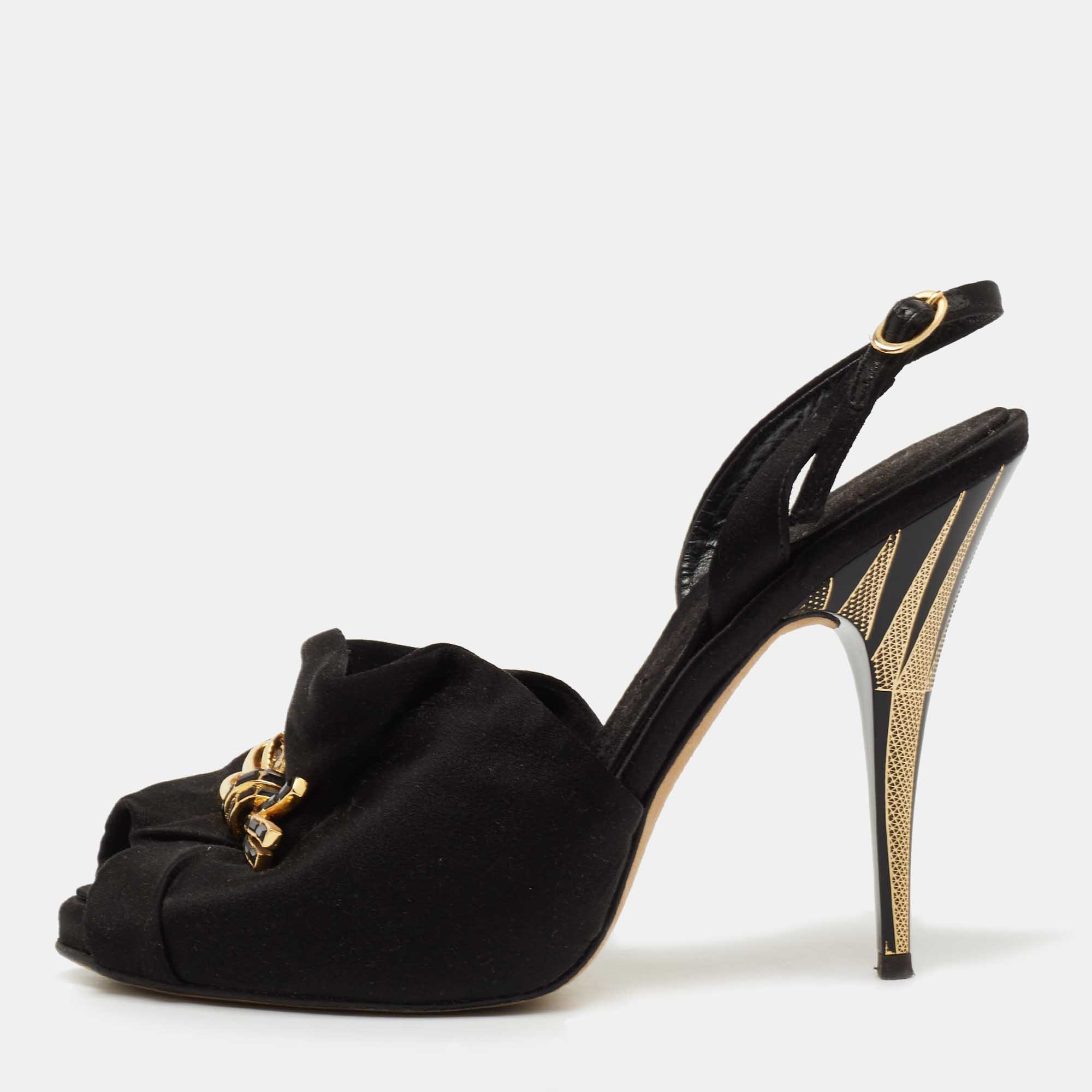 Pre Owned Giuseppe Zanotti Black Satin Bow Crystal Embellished Slingback Sandals Size 35