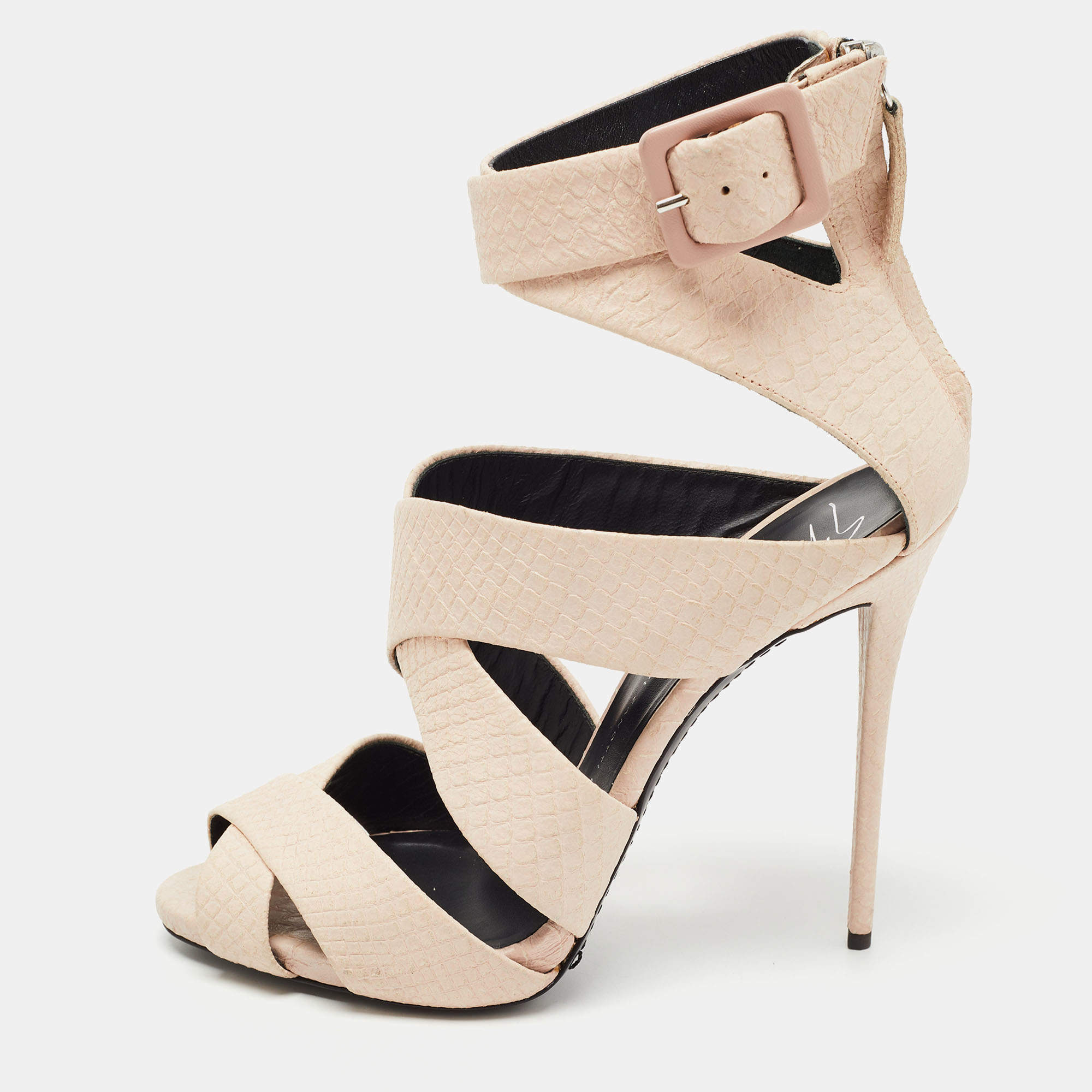 Pre Owned Giuseppe Zanotti Light Pink Snake Embossed Leather Cage Sandals Size 40