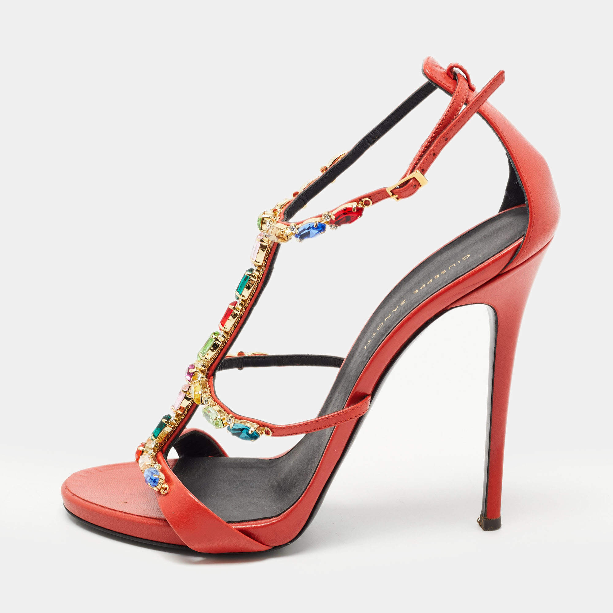 Pre Owned Giuseppe Zanotti Orange Leather Elba Crystal Embellished Sandals Size 40