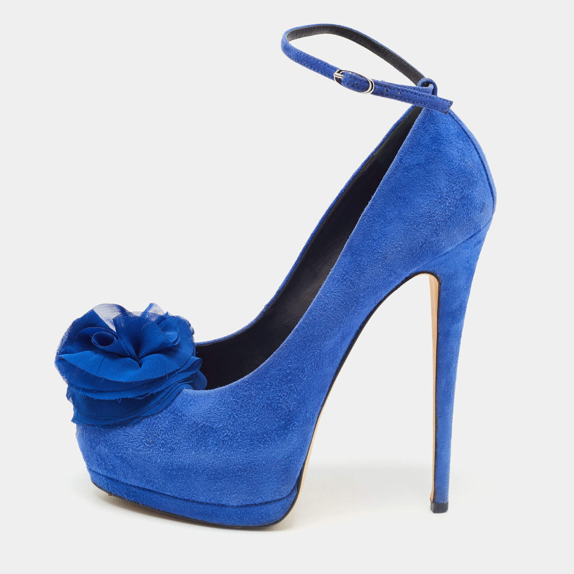 Giuseppe Zanotti Blue Suede Flower Applique Peep Toe Platform Ankle Strap Pumps Size 39