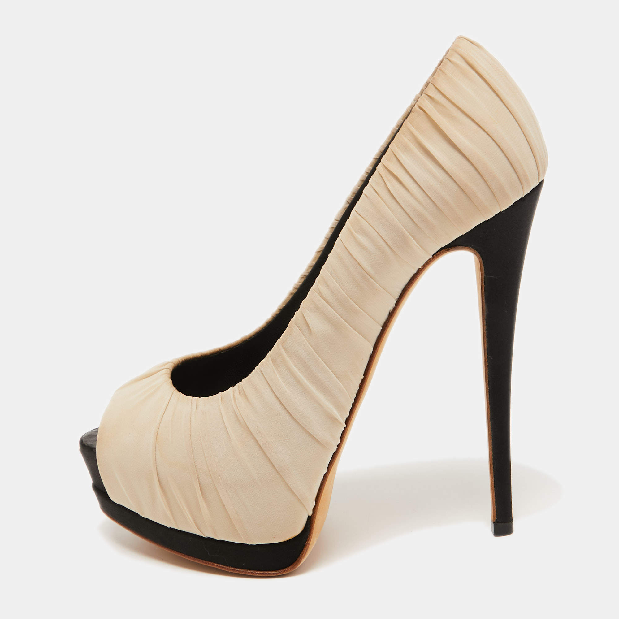 Giuseppe Zanotti Cream Ruched Fabric Peep Toe Platform Pumps Size 36.5