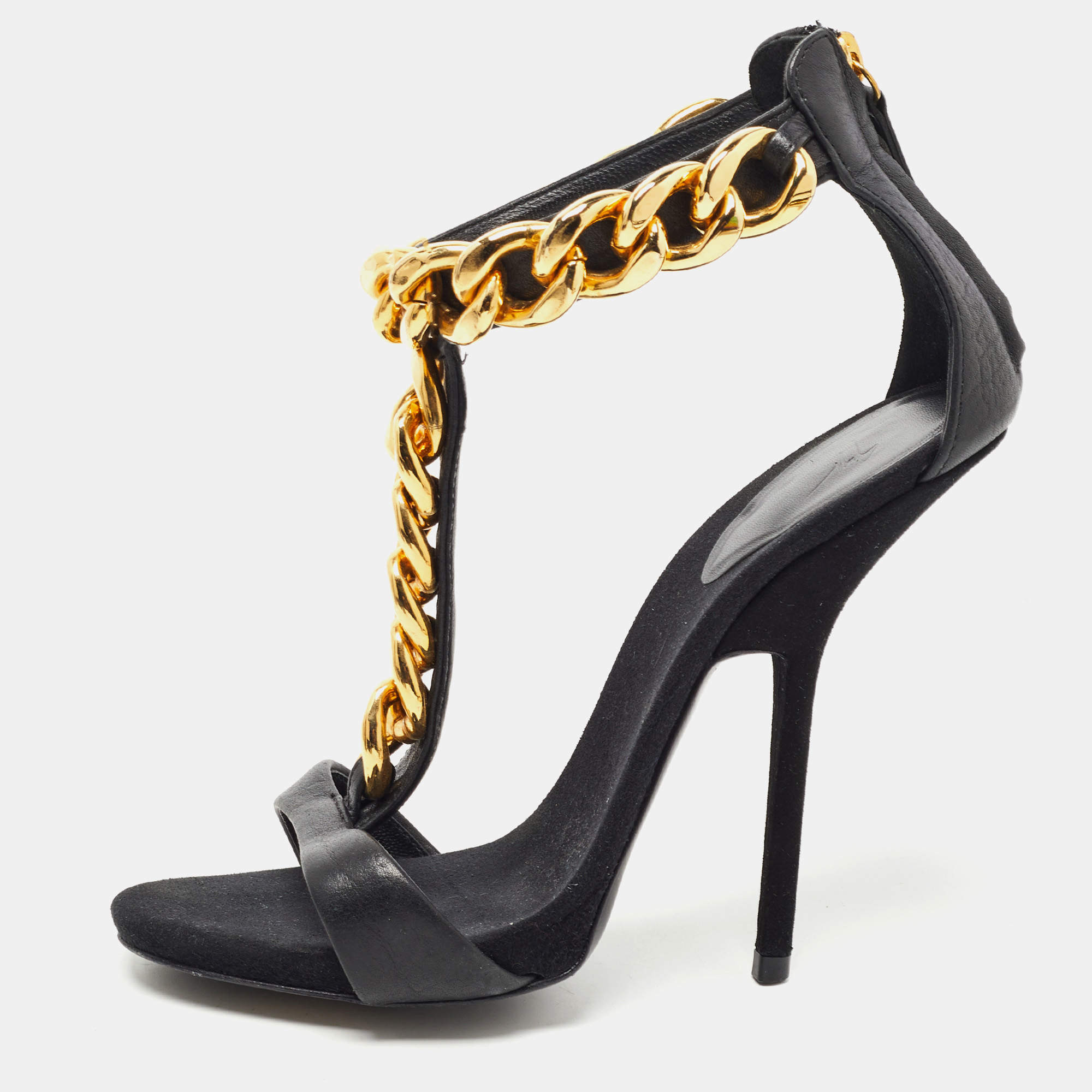 Pre Owned Giuseppe Zanotti Black Leather and Suede Chain T Strap Sandals Size 39
