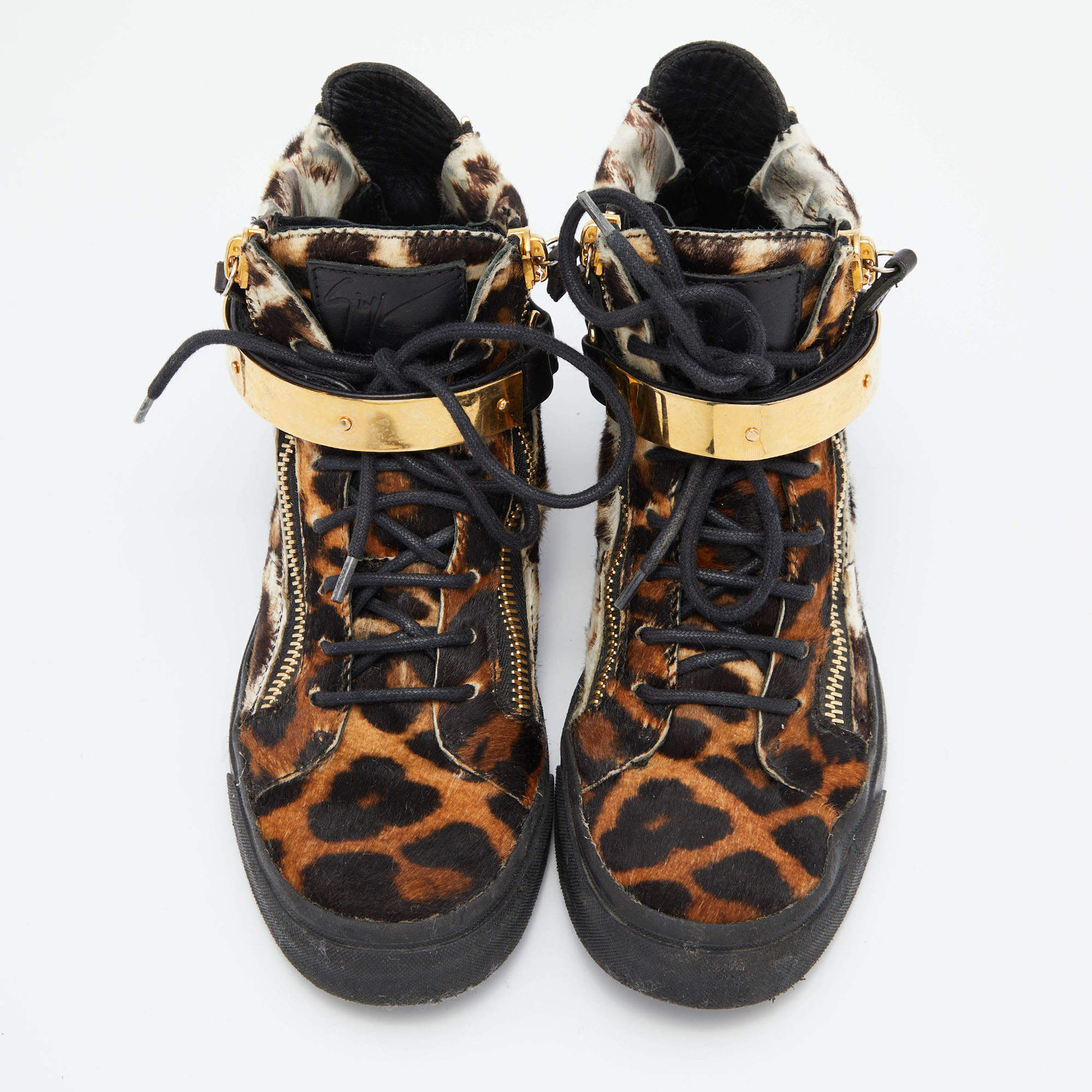 Giuseppe Zanotti Brown/Black Leopard Print Calfhair Lace Up High Top  Sneakers 37