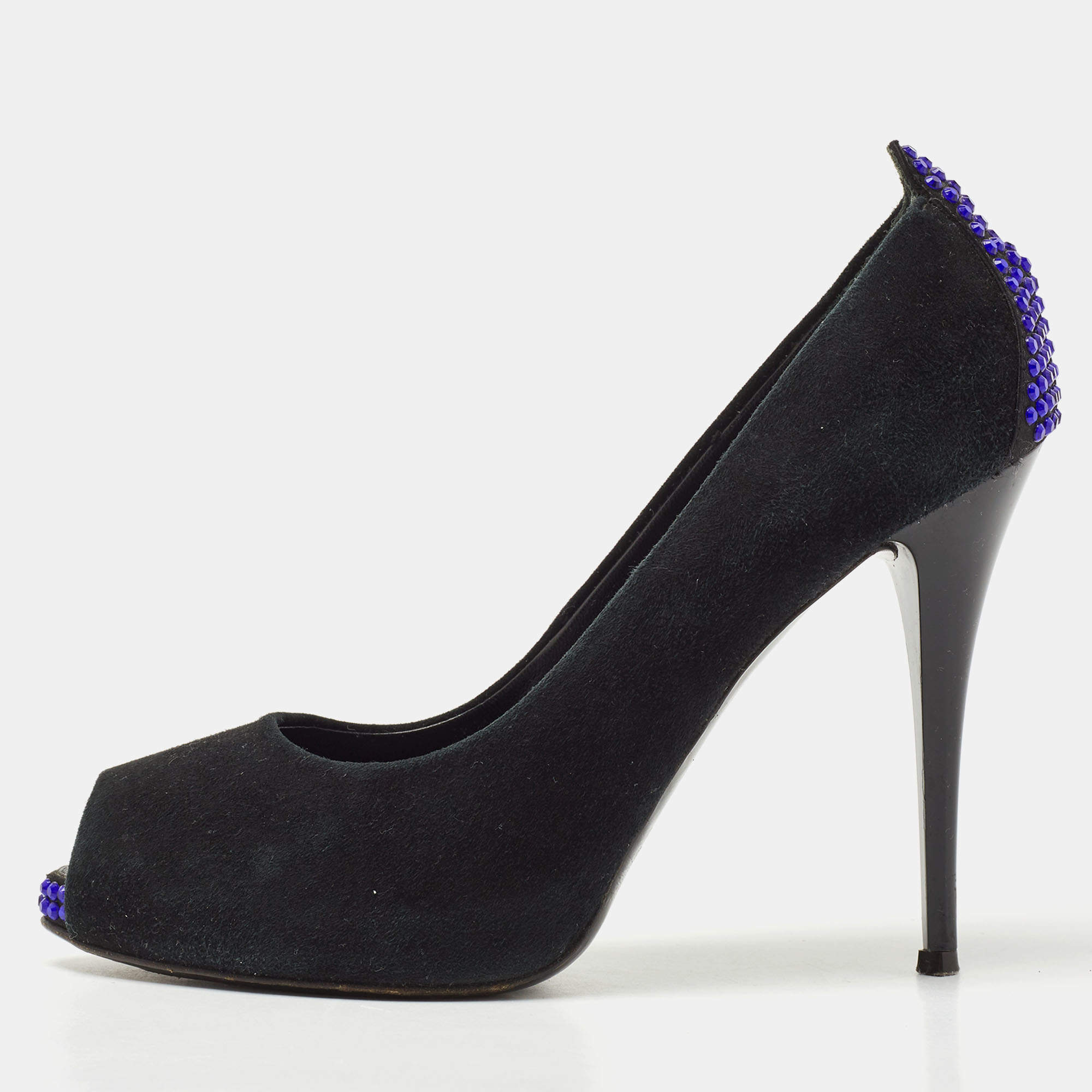Giuseppe Zanotti Black Suede Crystal Embellished Peep Toe Pumps Size 37