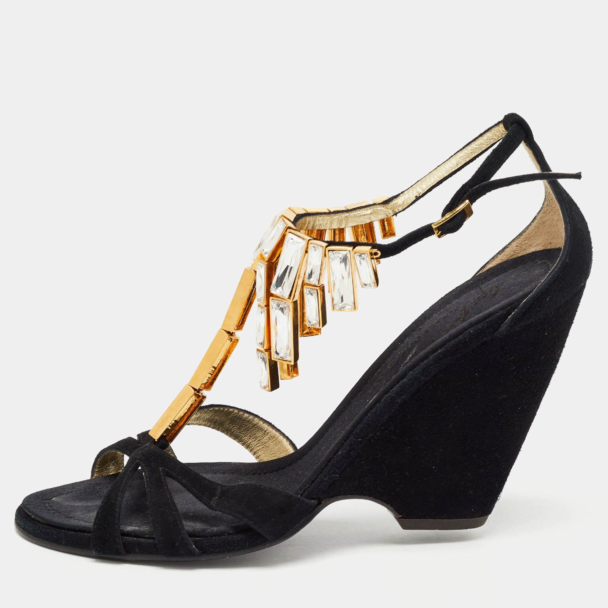 Pre Owned Giuseppe Zanotti Black  Suede Crystal Embellished Ankle Strap Sandals Size 38.5