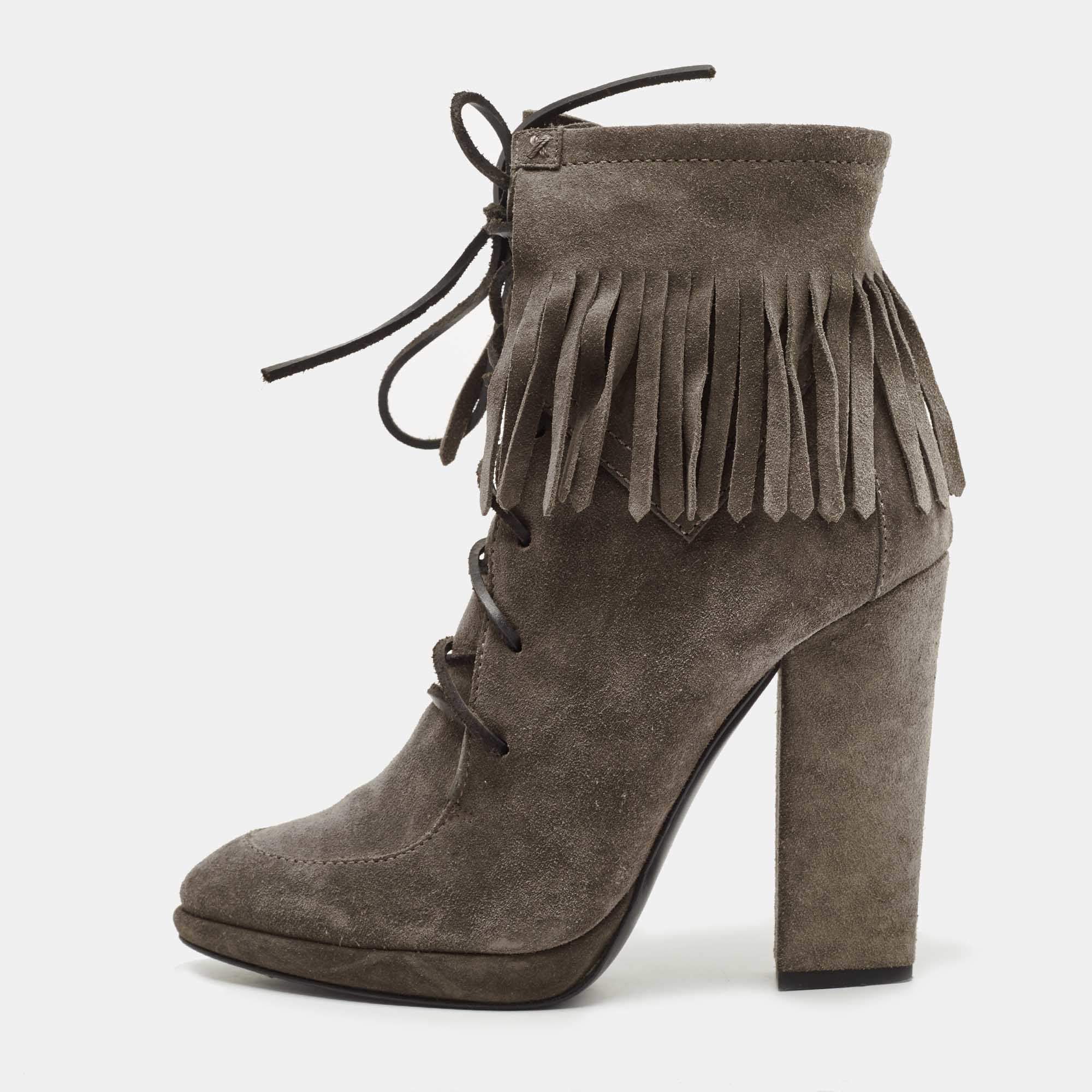Pre Owned Giuseppe Zanotti Grey Suede Fringe Detail Ankle Booties Size 38