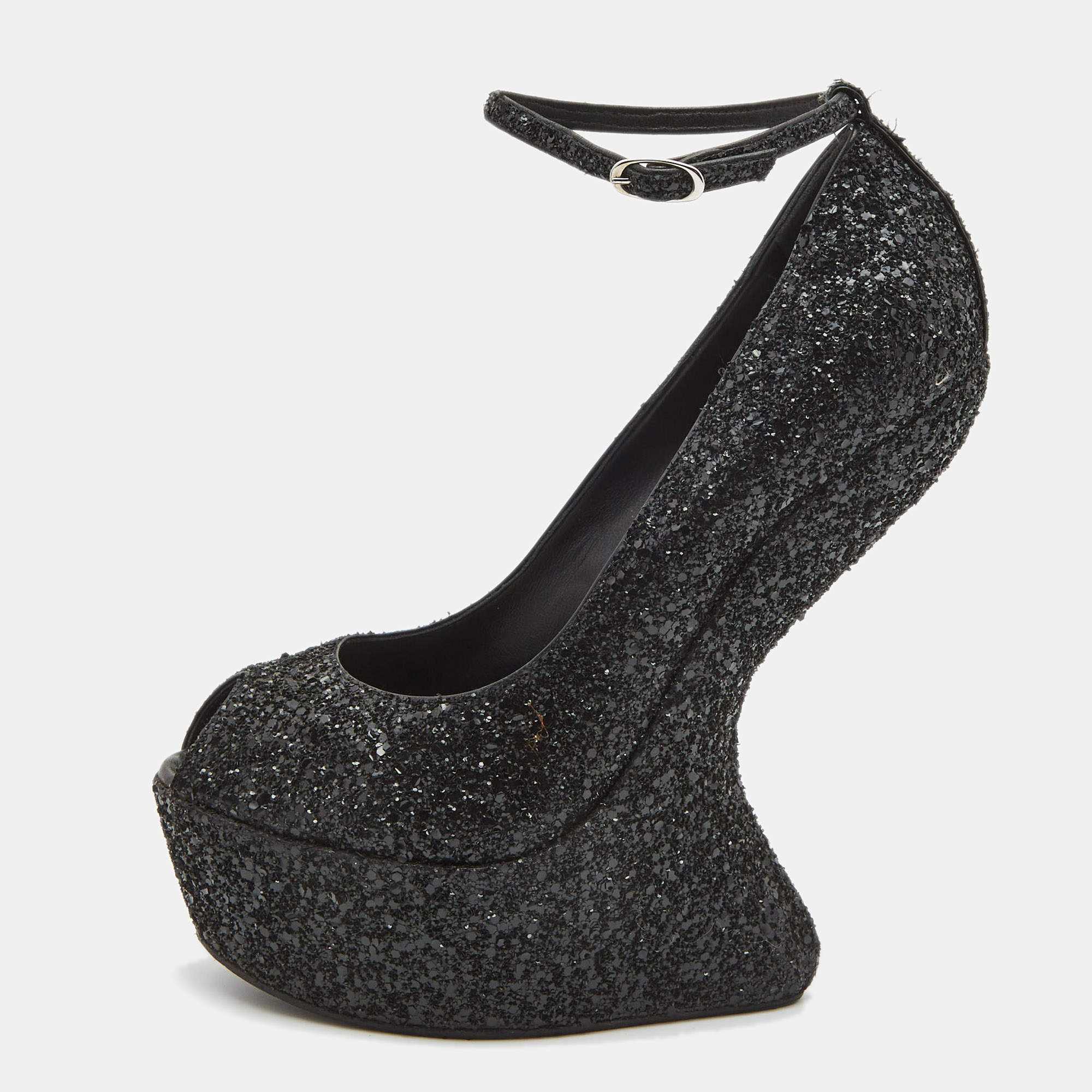 Pre Owned Giuseppe Zanotti Black Glitter Heelless Peep Toe Ankle Strap Pumps Size 41