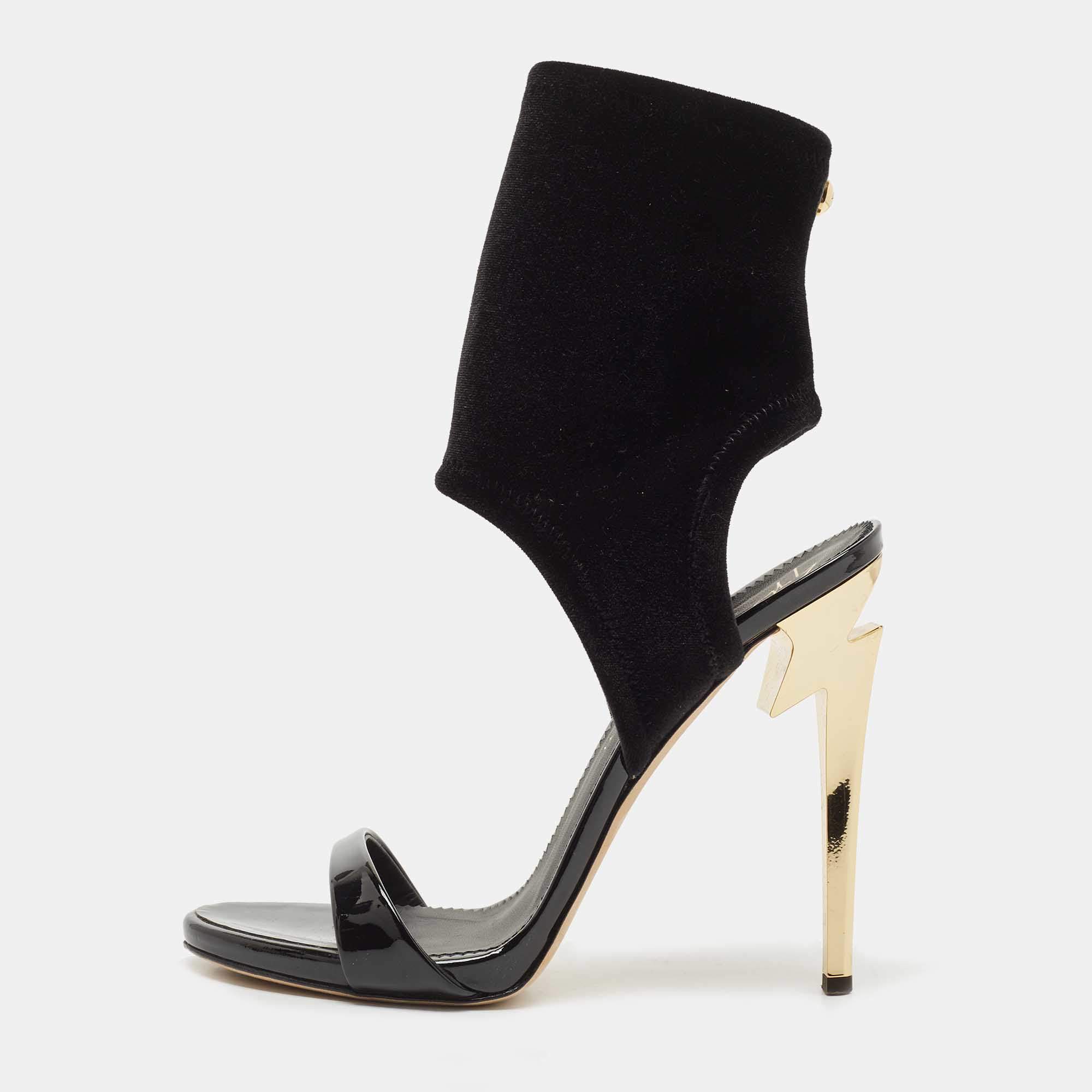 Pre Owned Giuseppe Zanotti Black Patent Leather and Velvet Ankle Cuff Sandals Size 38