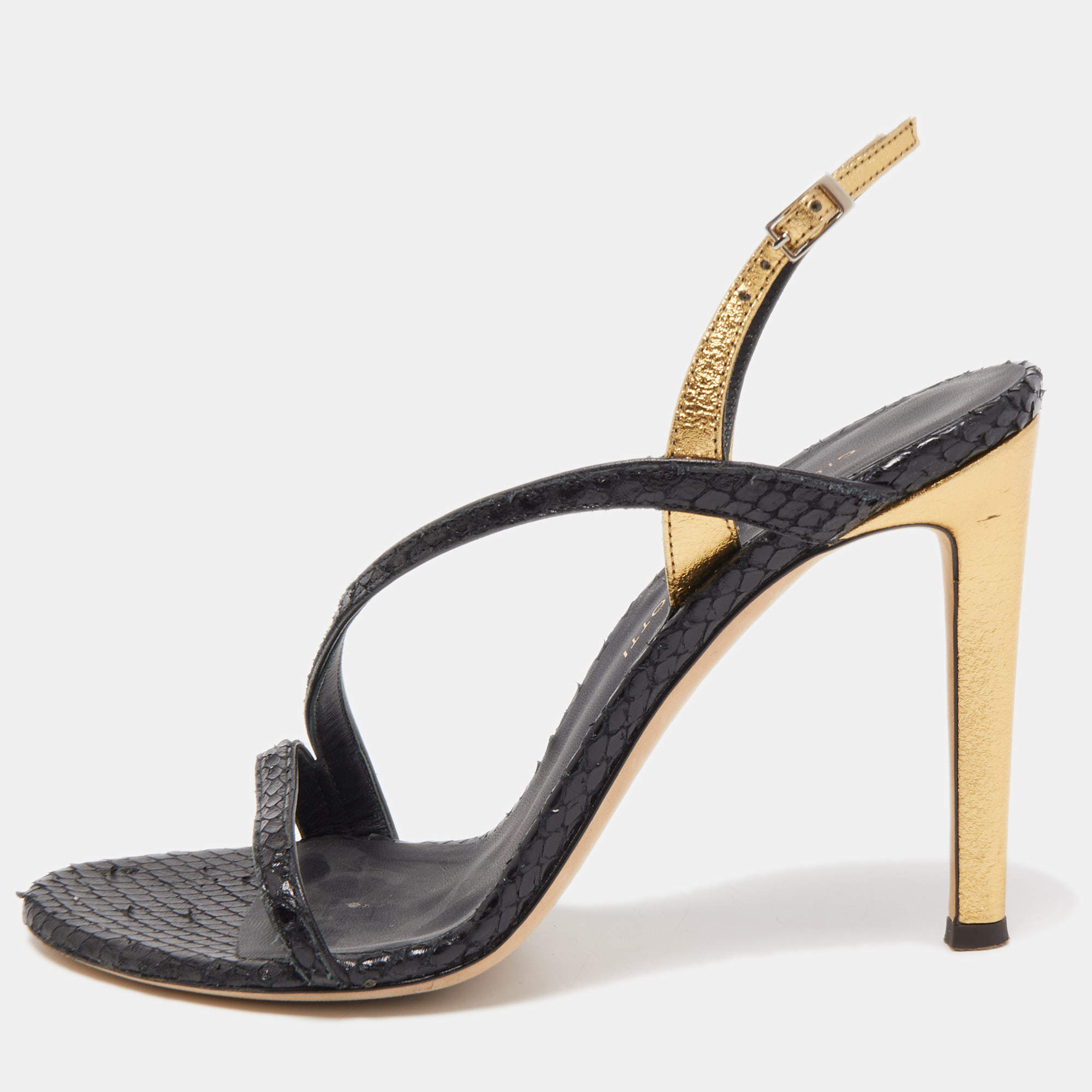 Giuseppe Zanotti Black/Gold Python Embossed and Slingback Sandals Size 37 Giuseppe Zanotti | TLC