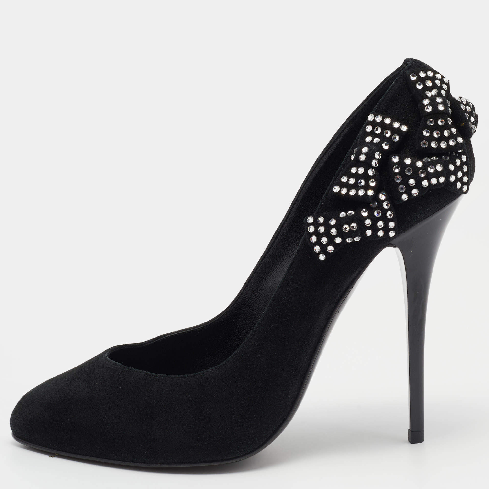 مملوكة مسبقًا حذاء كعب عالي جوسيبي زانوتي سويدي مزخرف فيونكة كريستال أسود مقاس 40