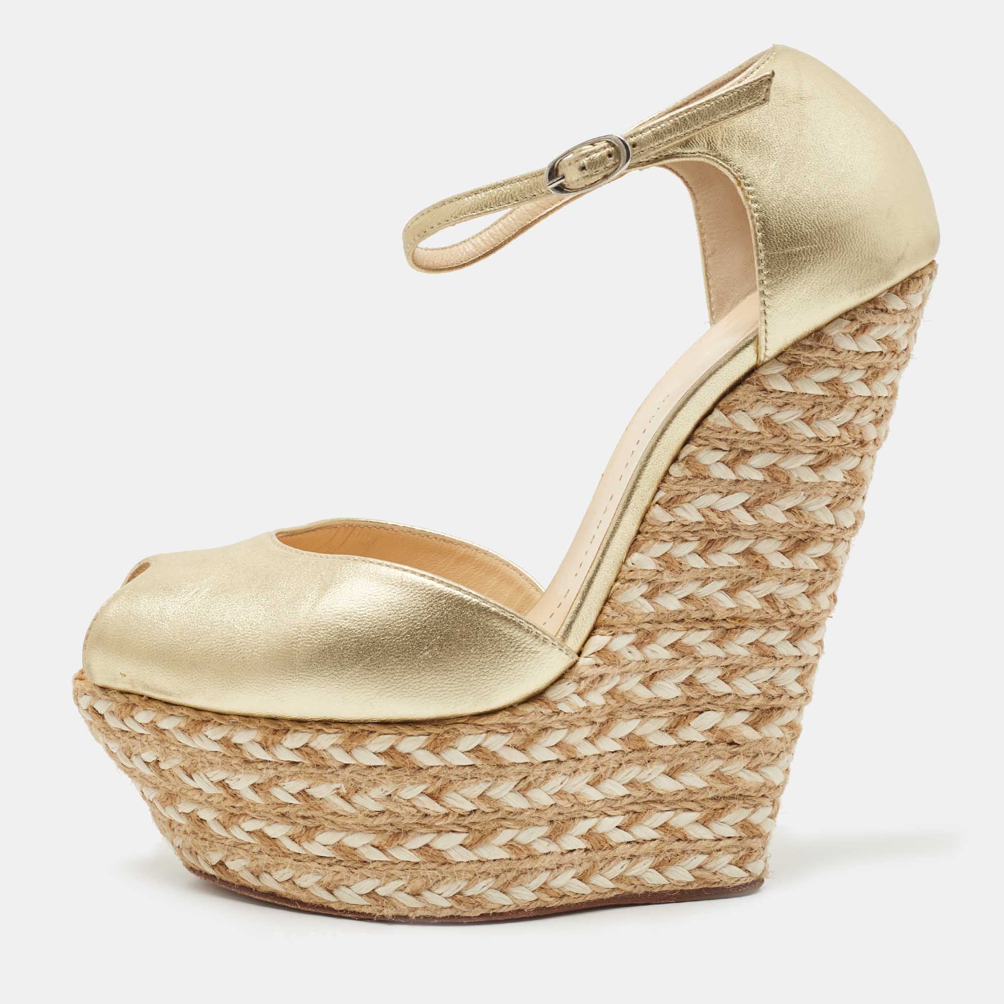 Pre Owned Giuseppe Zanotti Gold Leather Espadrille Wedge Platform Ankle Strap Sandals Size 38
