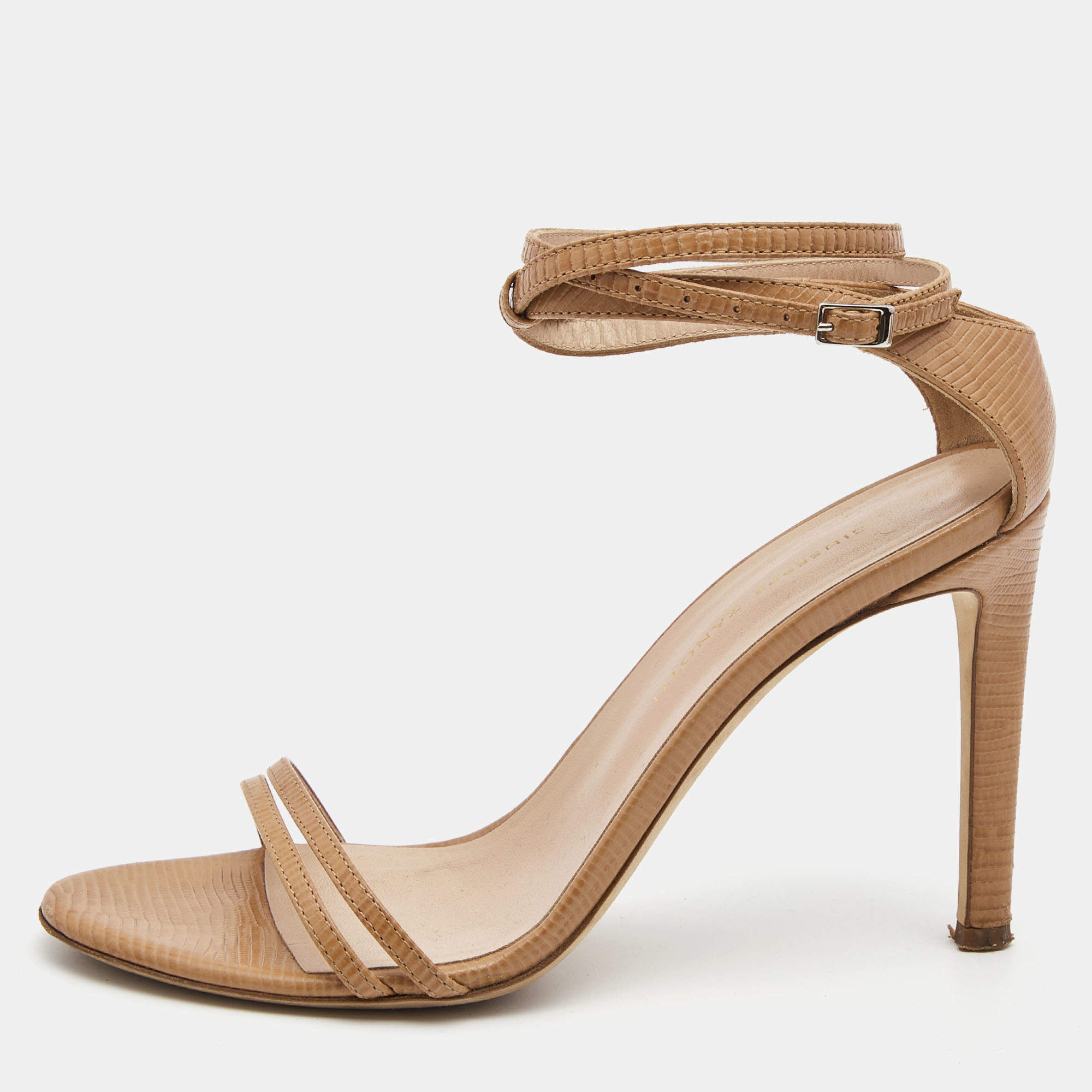 Pre Owned Giuseppe Zanotti Beige Lizard Embossed Leather Catia Ankle Wrap Sandals Size 37