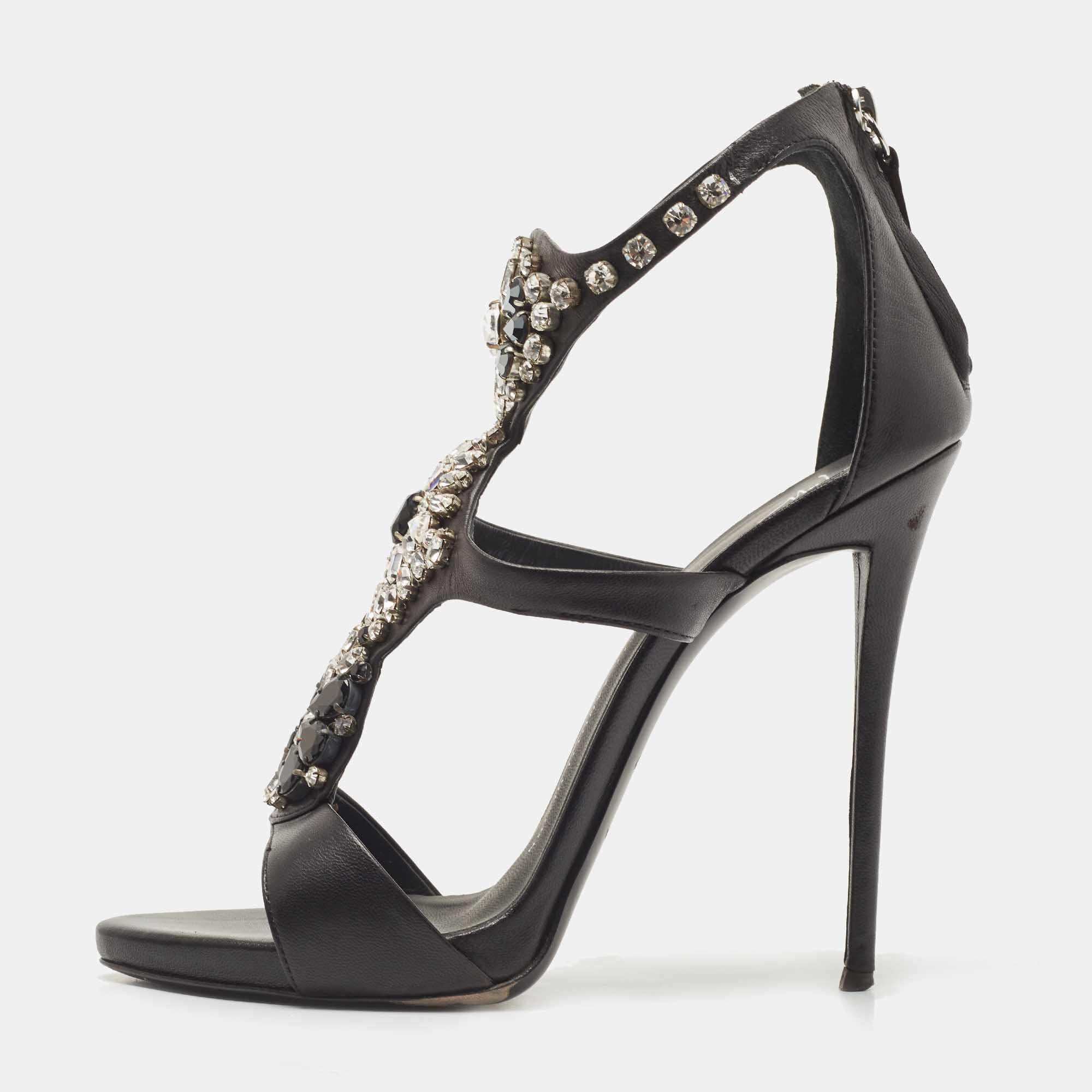 Giuseppe Zanotti Black Leather Crystal Embellished Strappy Sandals Size 39
