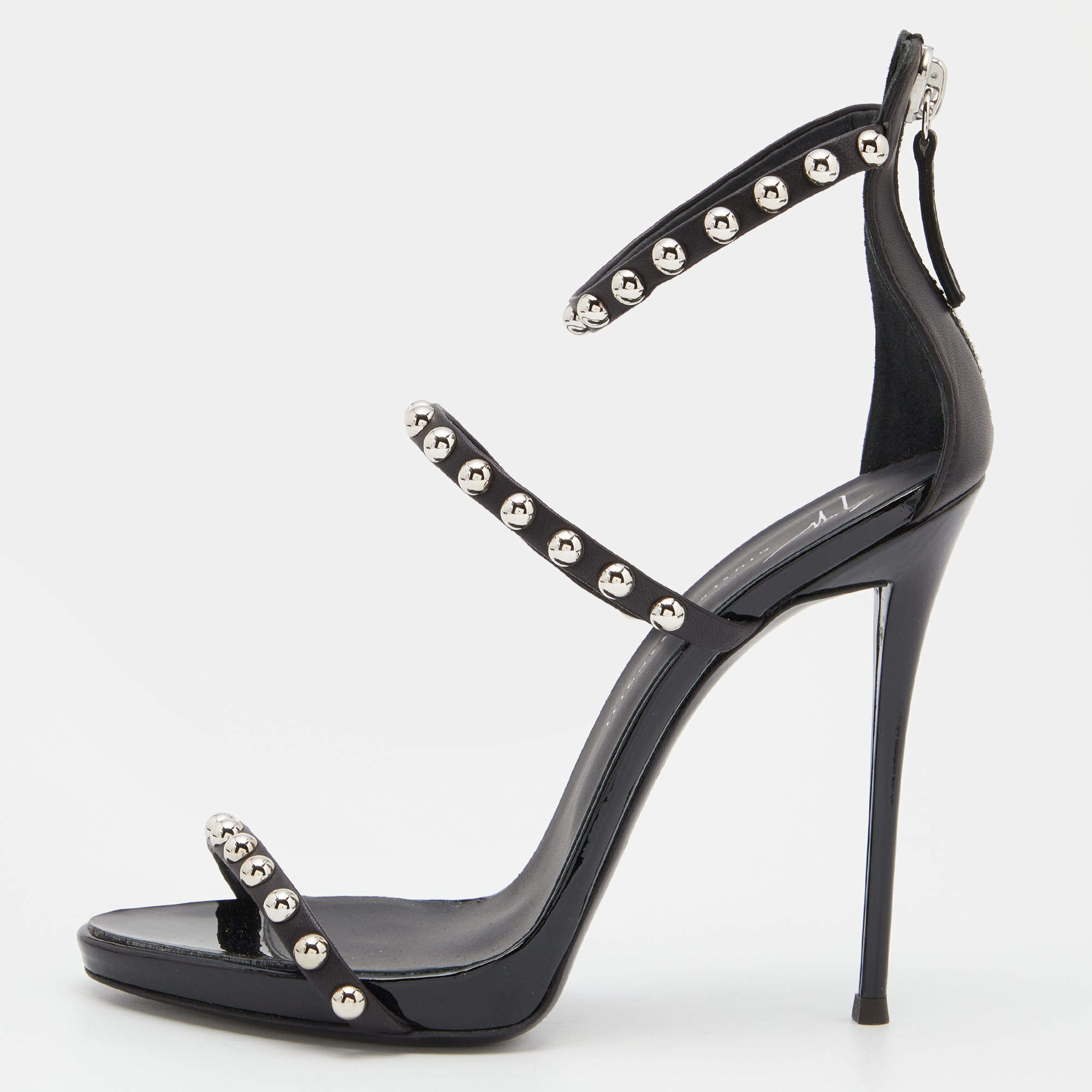Pre Owned Giuseppe Zanotti Black Leather Embellished Ankle Strap Sandals Size 38.5