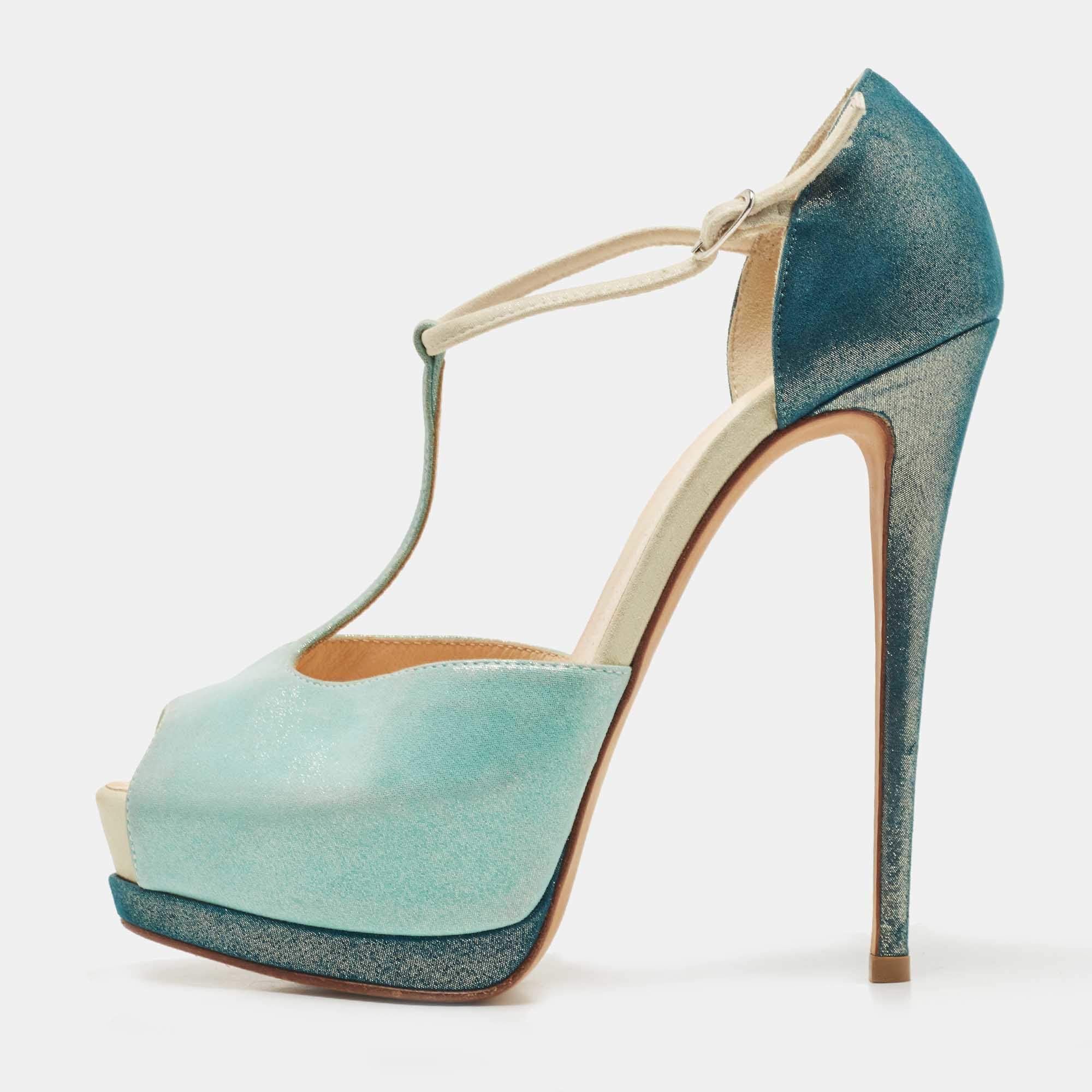 Pre Owned Giuseppe Zanotti Green/Blue Suede T-Strap Platform Peep Toe Sandals Size 37.5